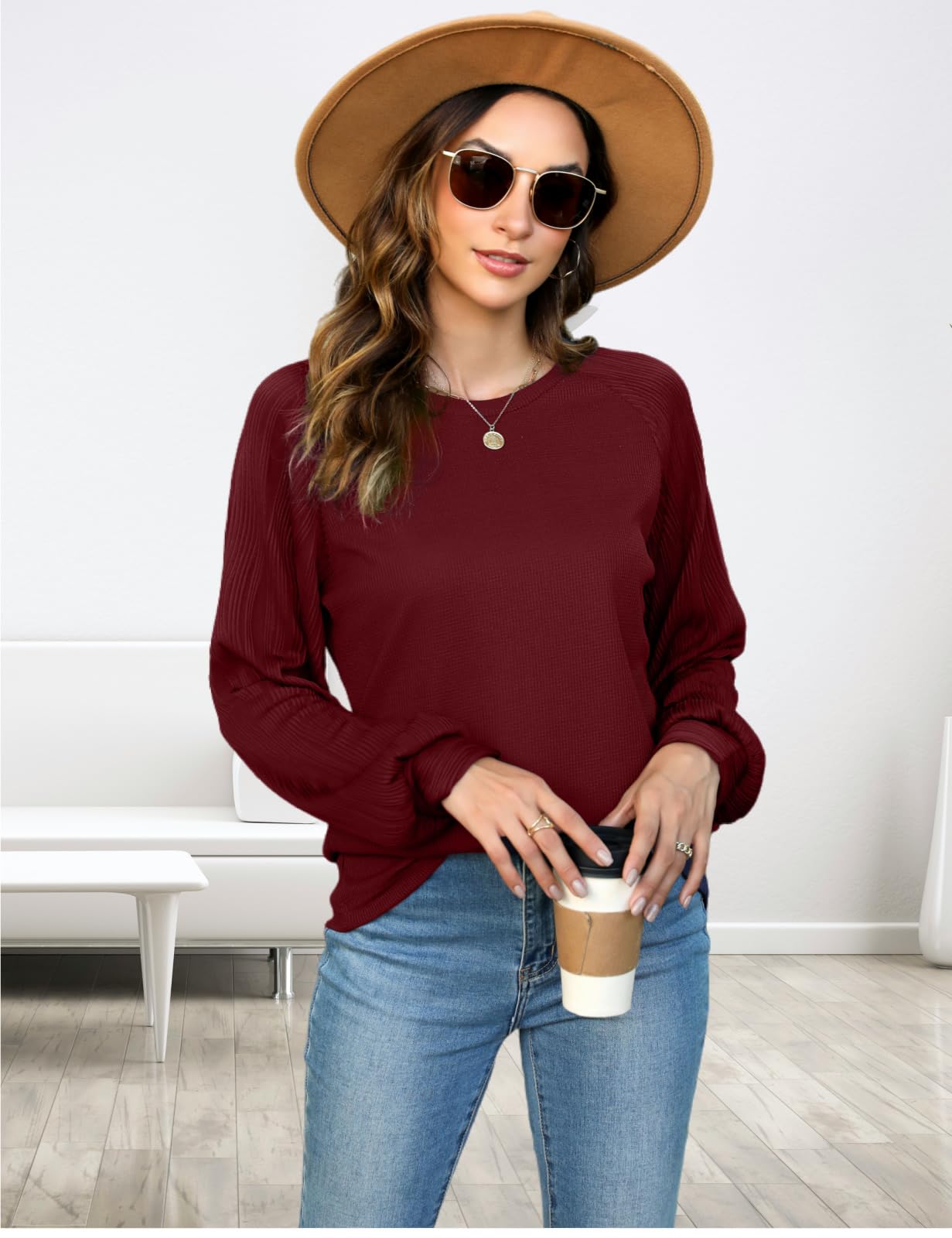 CiCiBird Women's Casual Long Sleeve Waffle Knit Blouse - Fall Fashion Loose Fit Tops for Work & Office Wear | Perfect for Business Casual, Date Night & Autumn Layering