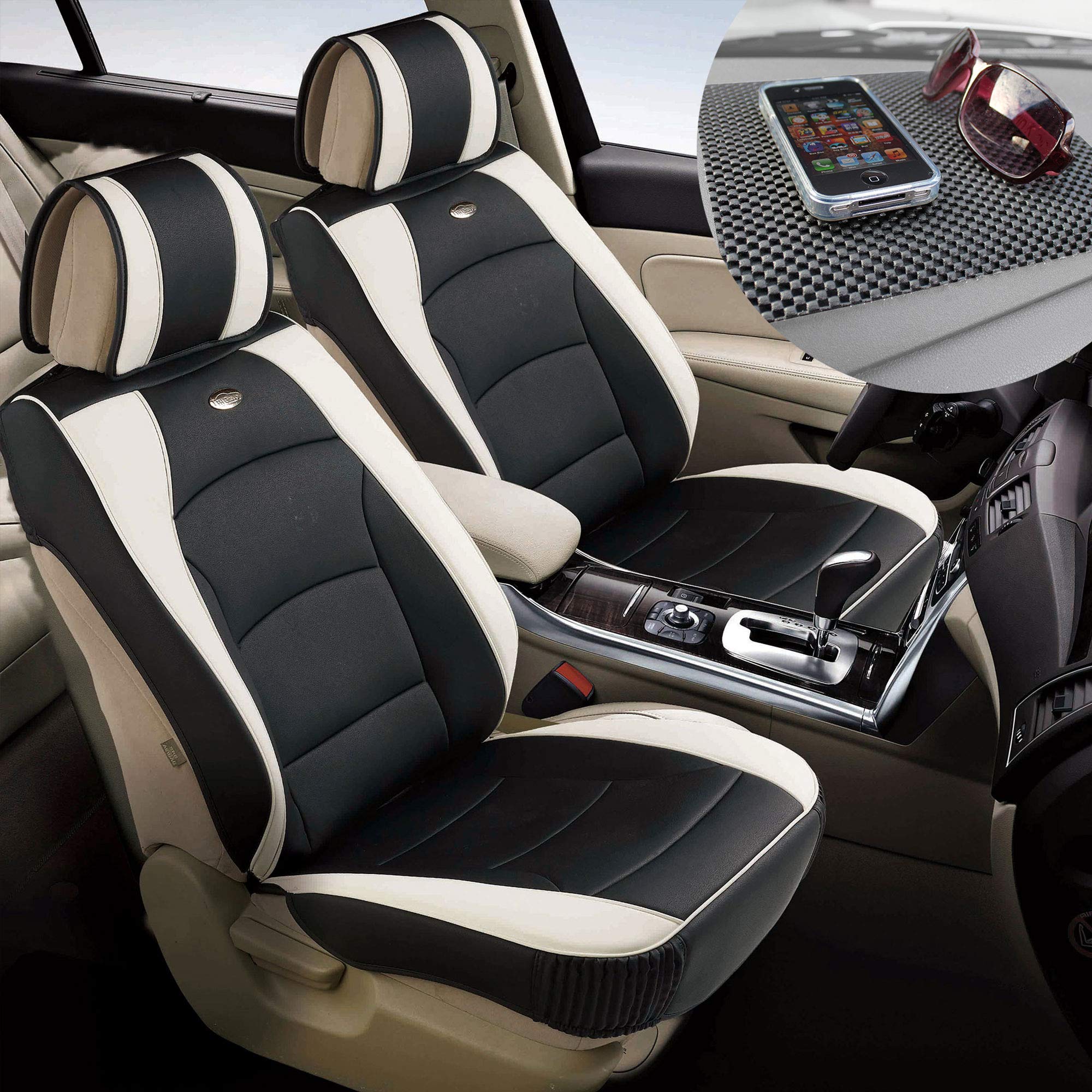 TLH Ultra Comfort Leatherette Seat Cushions - White Waterproof Car Seat Protectors with Non-Slip Dash Mat | Universal Fit for Cars, Trucks & SUVs | Perfect for Long Drives & Commuting