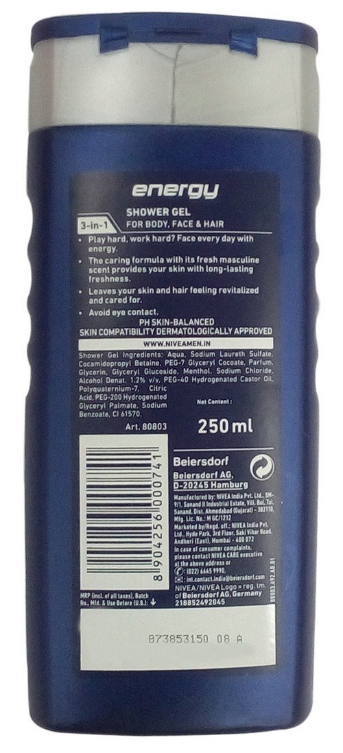 Nivea Men Energy Shower Gel for Men - 8.45 fl oz (250ml) Refreshing Body Wash with Caffeine & Menthol | Energizing Morning Shower & Post-Workout Cleanser