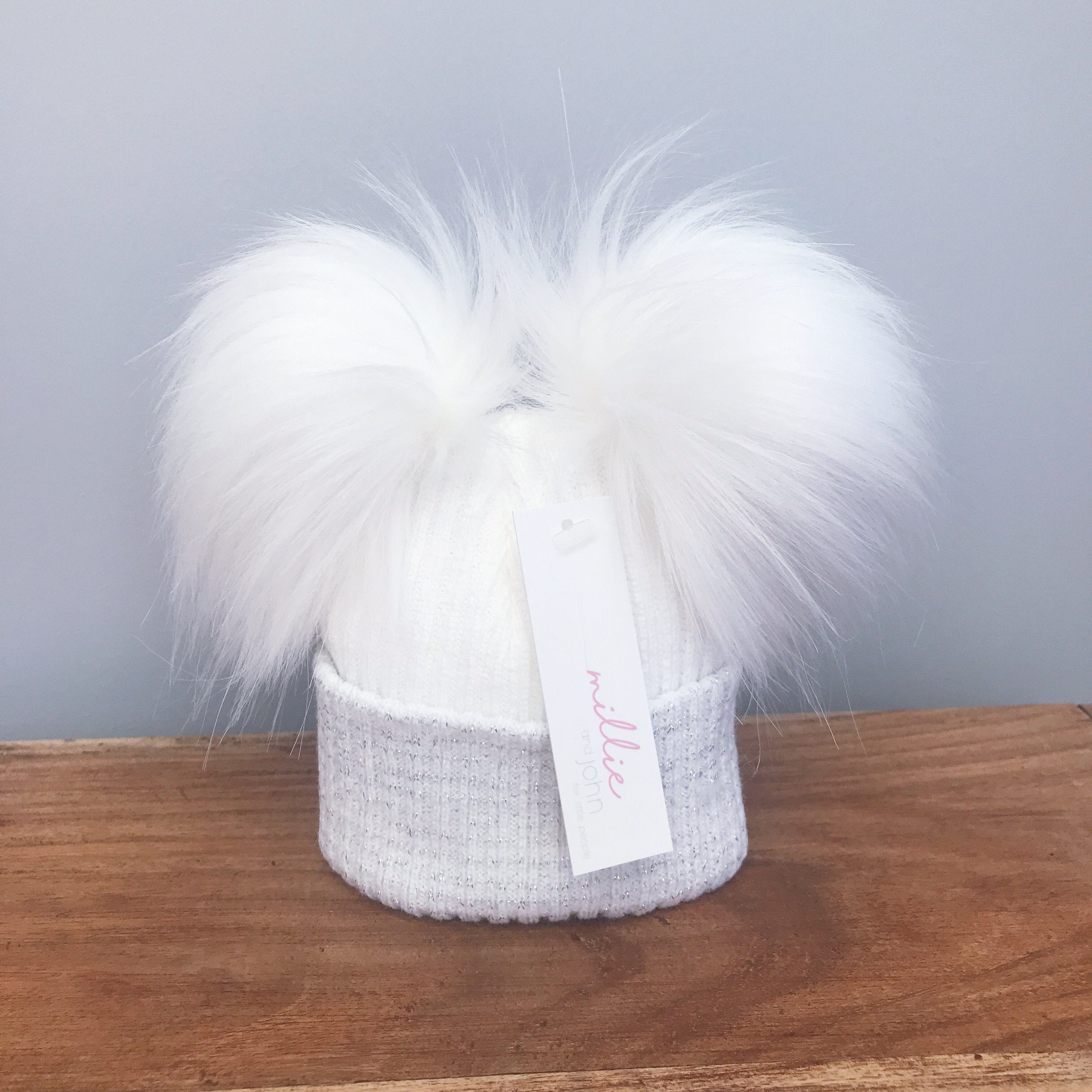 White & Silver Double Pom Pom Beanie - First Size Winter Knit Hat for Women & Men - Perfect for Skiing, Snowboarding & Cold Weather Fashion