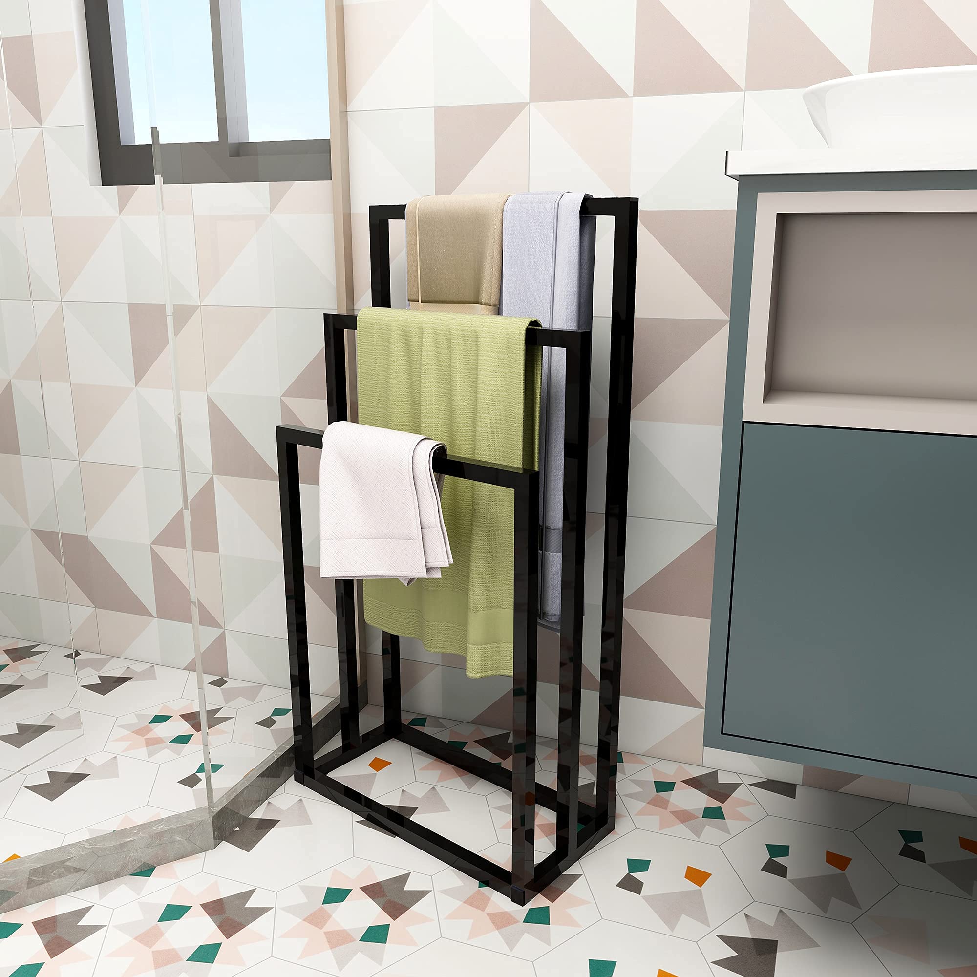 HAHRIR 3-Tier Freestanding Metal Towel Rack - Modern Bathroom Storage Organizer for Towels, Blankets & Robes - Space Saving Black Design for Small Bathrooms & Laundry Rooms