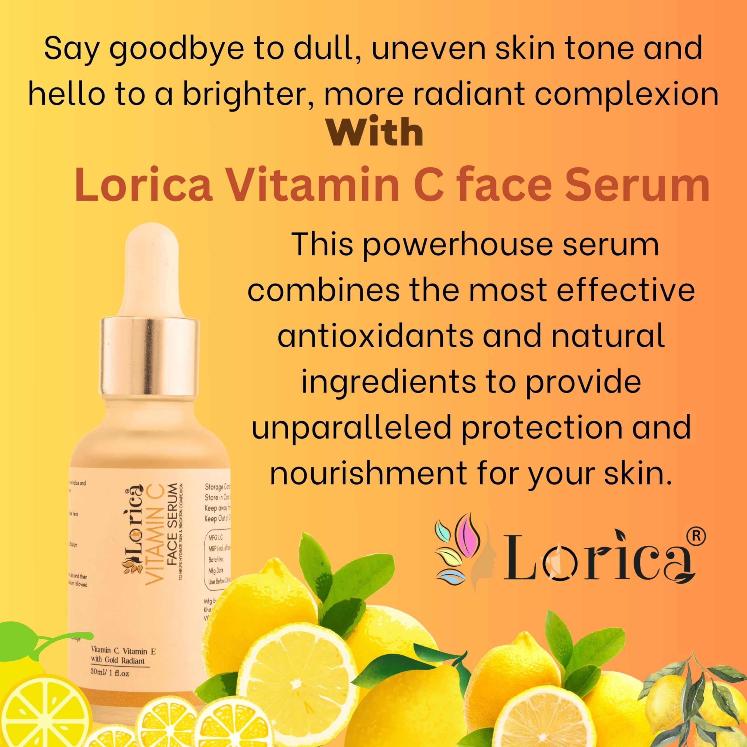 Lorica Vitamin C Face Serum for Brightening & Hydrating | Anti-Aging Treatment | Reduces Under-Eye Puffiness & Dark Circles (30ml) | Perfect for Morning Skincare Routine & Nighttime Dark Spot Treatment
