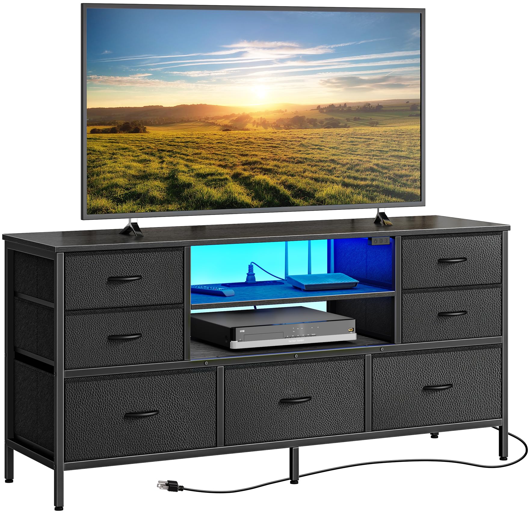 7-Drawer TV Stand Dresser with Power Outlets & LED Lights - 55 Inch TV Console for Bedroom & Living Room