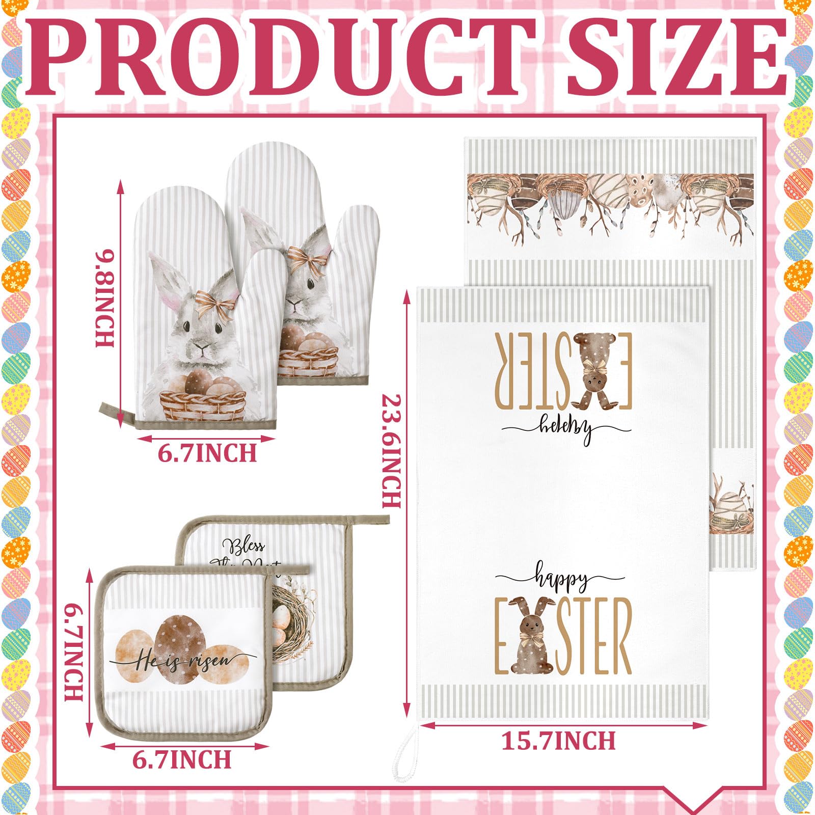 Bencailor 6-Piece Easter Bunny Floral Kitchen Towel and Oven Mitt Set - 2 Dish Towels, 2 Heat Resistant Cooking Gloves, 2 Pot Holders for Spring Holiday Decor & Cooking (White Striped) - Perfect for Easter Decorations, Kitchen Use, and Hostess Gifts