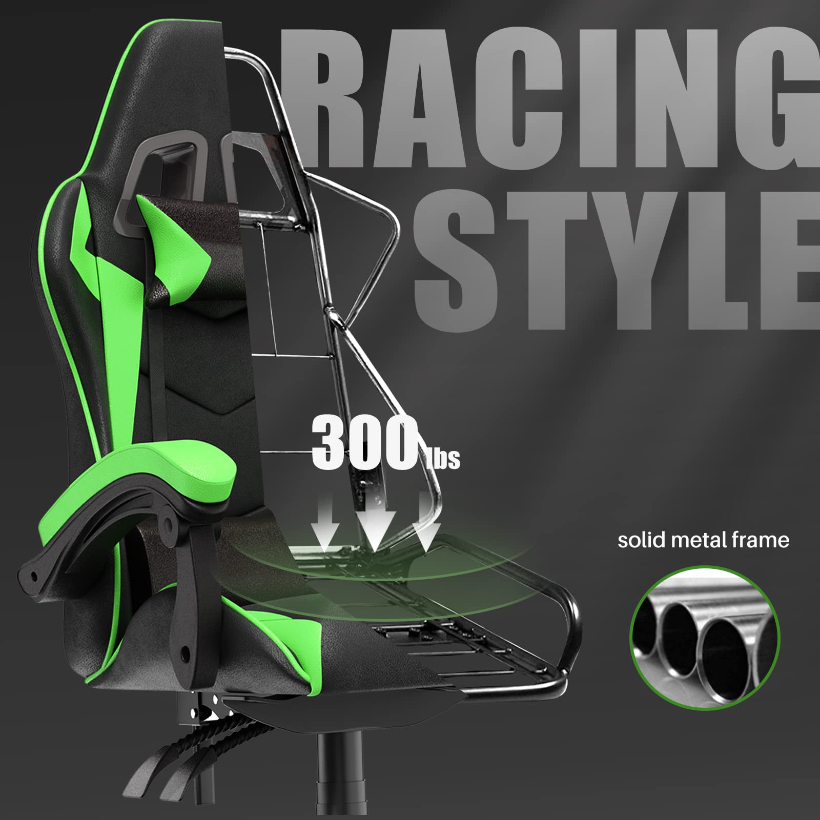 Bigzzia Ergonomic Gaming Chair with Lumbar Support & Headrest Pillow - Racing Style Adjustable Computer Chair for Adults, 360° Swivel Seat - Perfect for PC Gaming, Office Work & Home Use