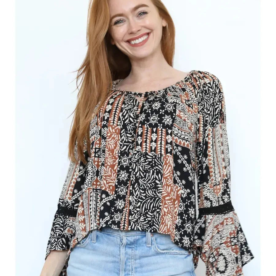 Elegant Black Scoop Neck Long Sleeve Blouse with Ruffles - Perfect for Office Wear, Date Nights & Special Occasions