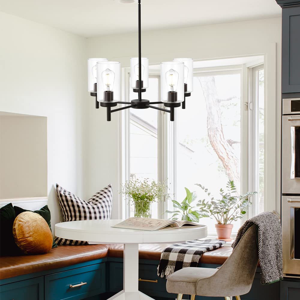 VINLUZ Modern 5-Light Large Chandelier in Oil Rubbed Bronze with Clear Glass Shades - Contemporary Hanging Pendant Light Fixture for Dining Room, Living Room, Kitchen | Perfect for Home Decor, Wedding Venues & Restaurant Lighting