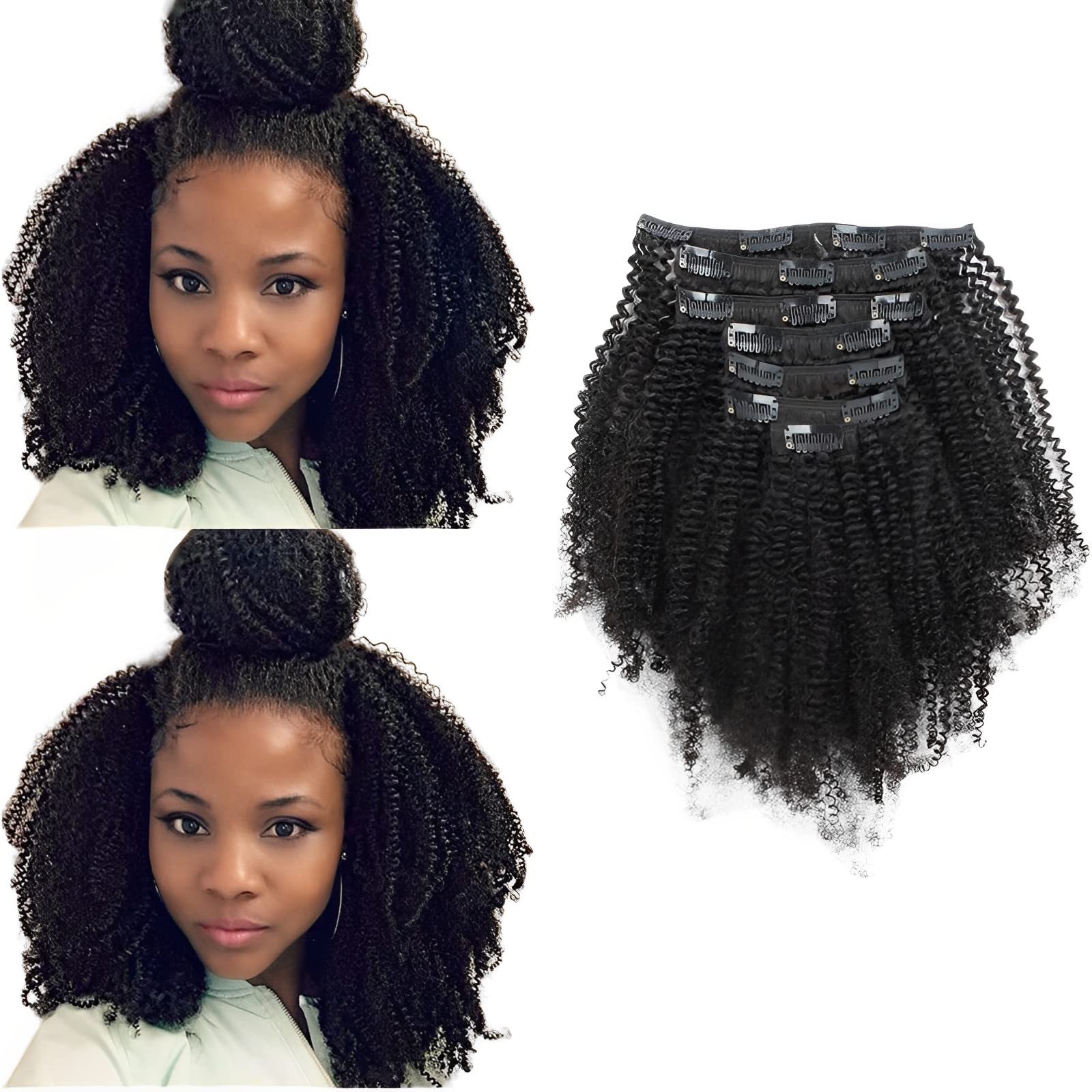 ABH AMAZINGBEAUTY Afro Coily Clip-in Hair Extensions - 100% Real Human Hair for 4B/4C Hair Types - Double Weft Remy Hair Extensions for African American Women - 120g 7pcs with 17 Clips - #1B Natural Black 16 Inch - Perfect for Protective Styling & Everyday Glam