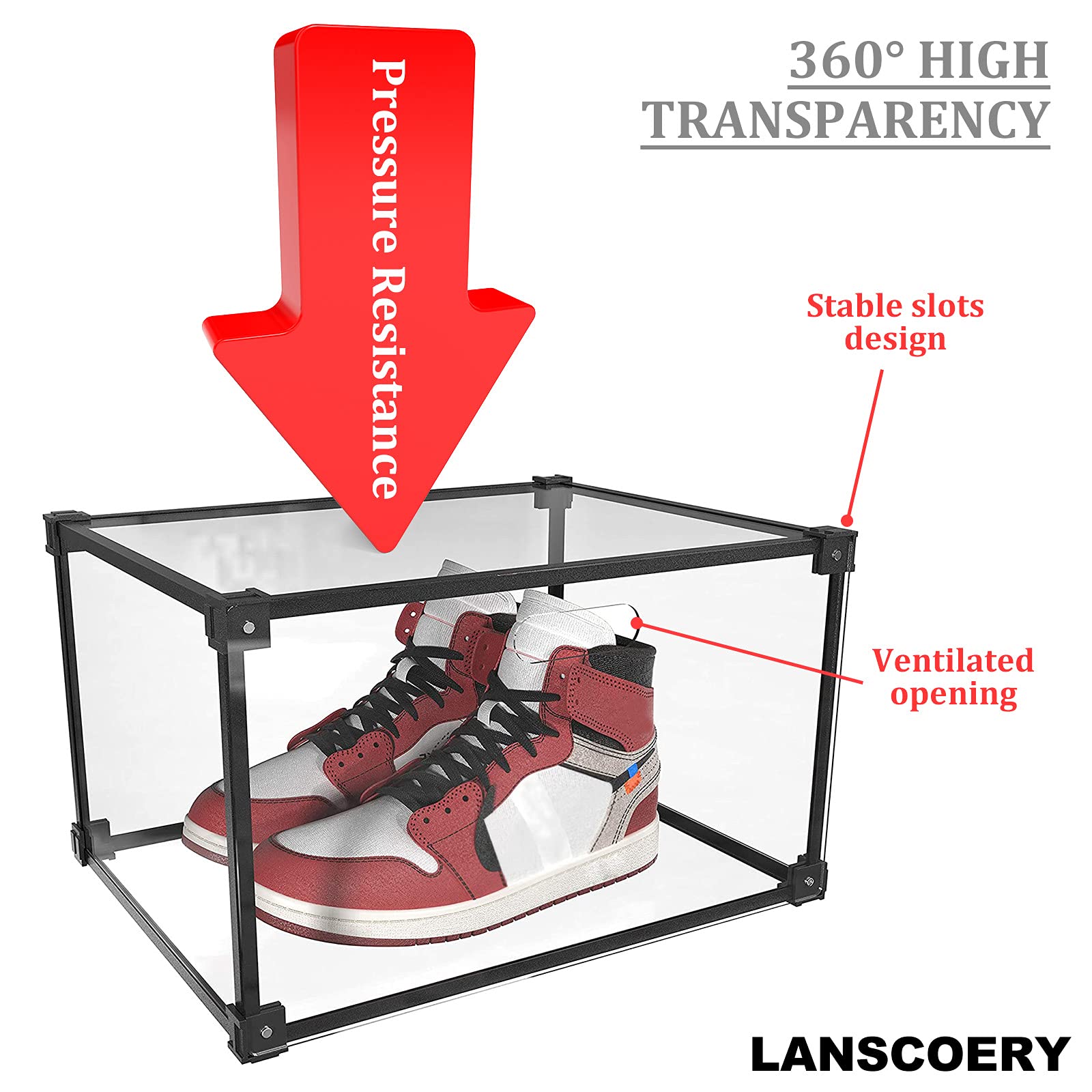 LANSCOERY Clear Acrylic Stackable Shoe Storage Box - Foldable Shoe Organizer with Magnetic Side Door for Sneakers, Boots, Heels & Flats | Perfect for Closet Organization & Shoe Display (Set of 1)