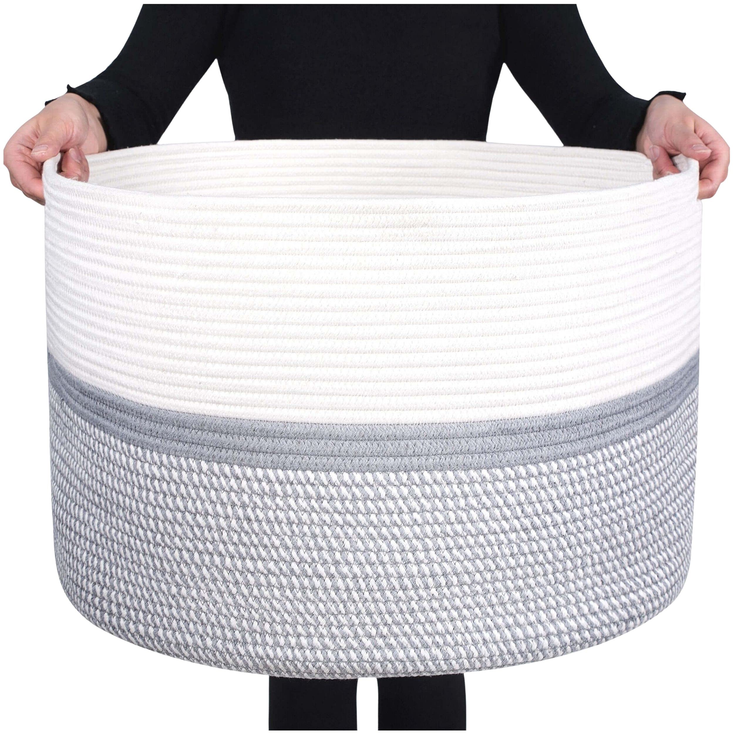 MINTWOOD Extra Large 22x14 Inch Woven Cotton Rope Storage Basket - Laundry Hamper, Blanket Organizer, Dog Toy Bin, Towel Holder for Bedroom, Nursery & Bathroom | Light Grey Mix Home Decor
