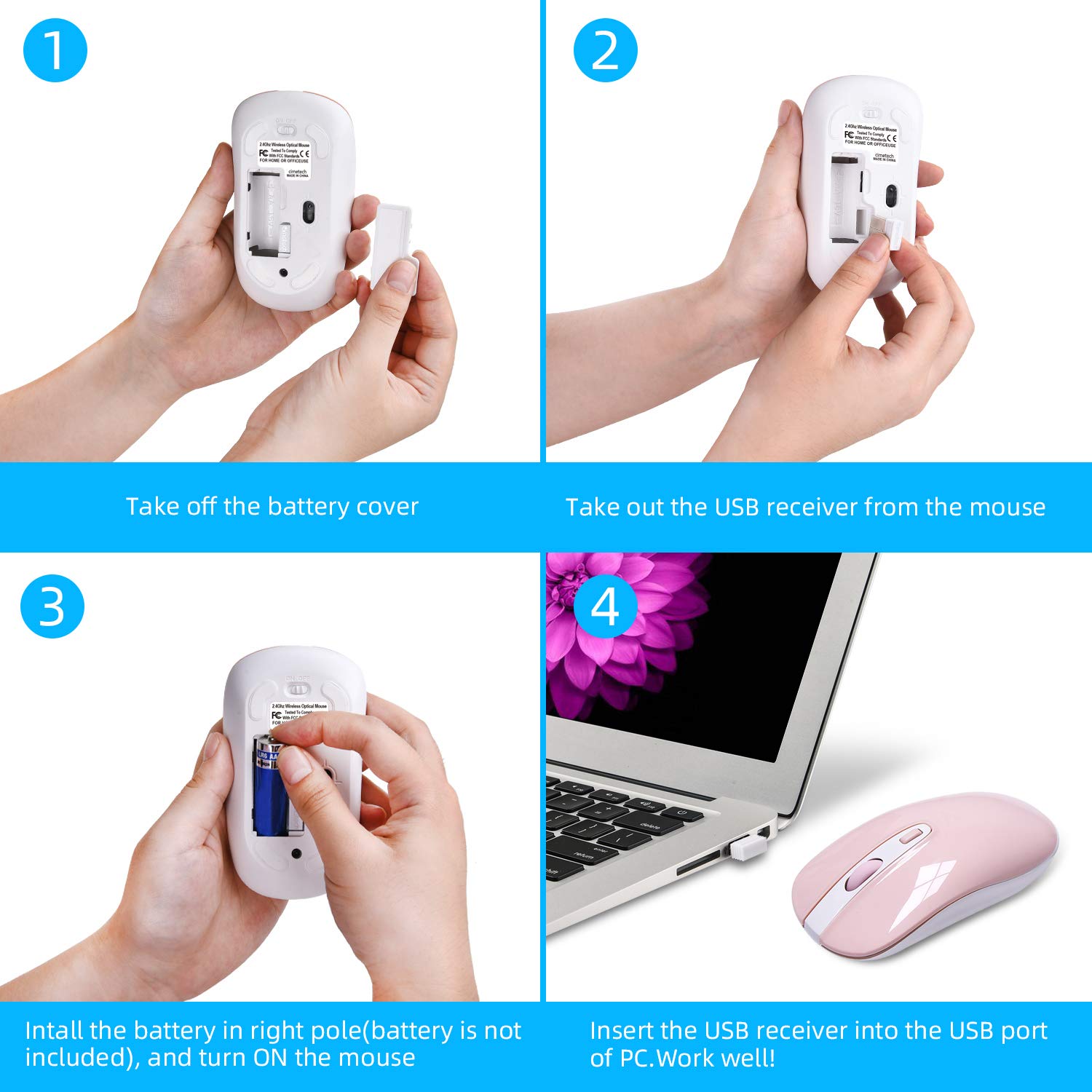 Cimetech 2.4G Wireless Mouse - Slim Ergonomic Silent Click Optical Mouse with Nano USB Receiver for Laptop, Desktop, MacBook (Bright Pink) - Perfect for Office Work, Gaming & Travel Use