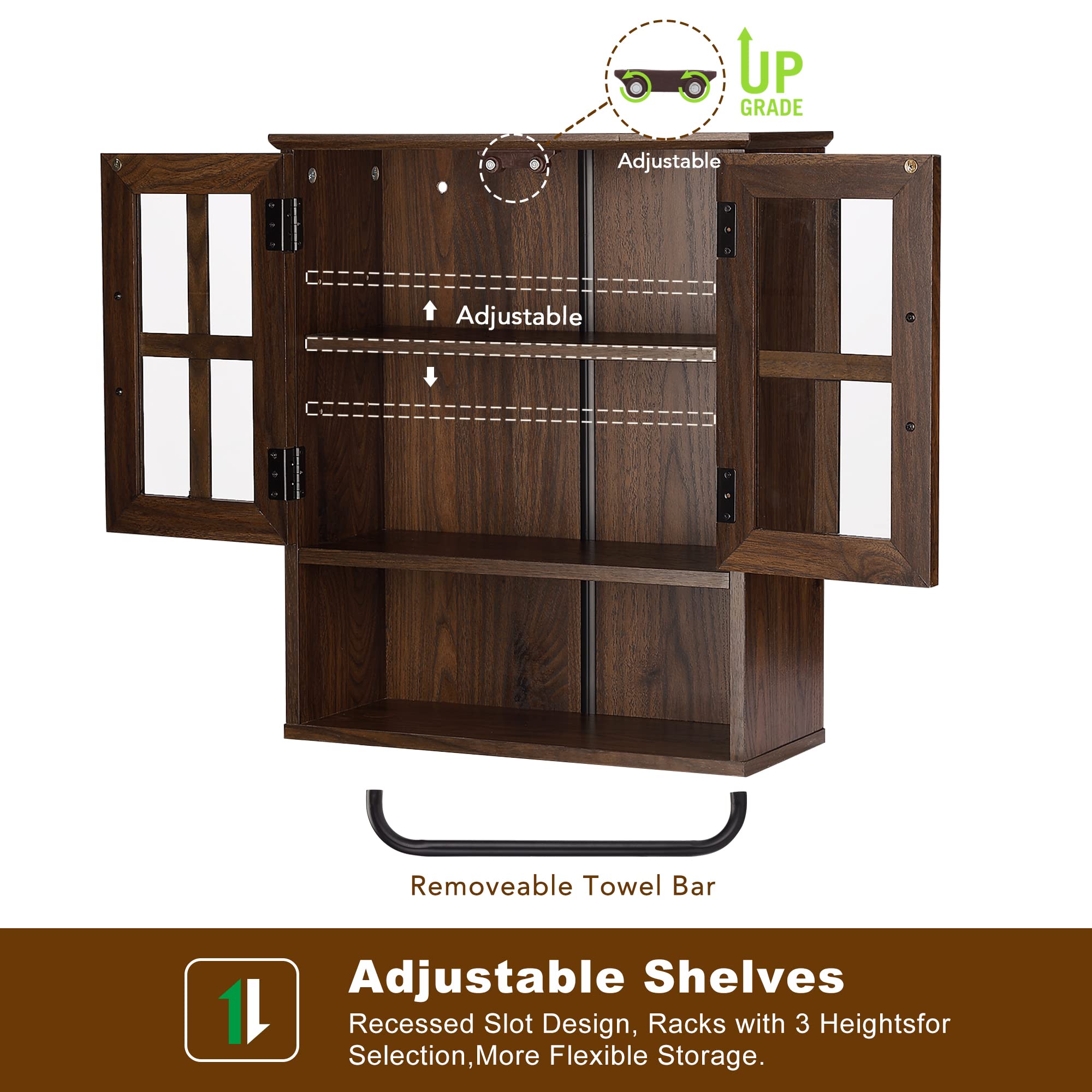 RUSTOWN Wood Wall Storage Cabinet with Cross Glass Doors - Farmhouse Wall Mounted 3 Tier Rustic Cabinet with Adjustable Shelves & Towel Bar - Dark Walnut - Perfect for Bathroom, Living Room, Kitchen & Entryway Organization