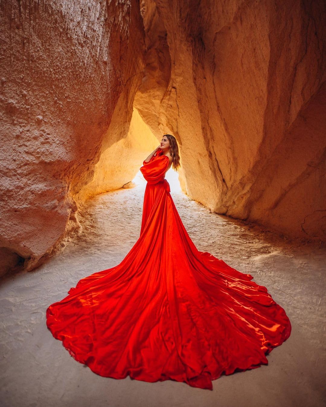 Elegant Off Shoulder Long Satin Maxi Dress with Flowy Train - Perfect for Photoshoots, Santorini Vacations & Baby Showers | Women's Flowy Satin Evening Gown for Weddings & Special Occasions