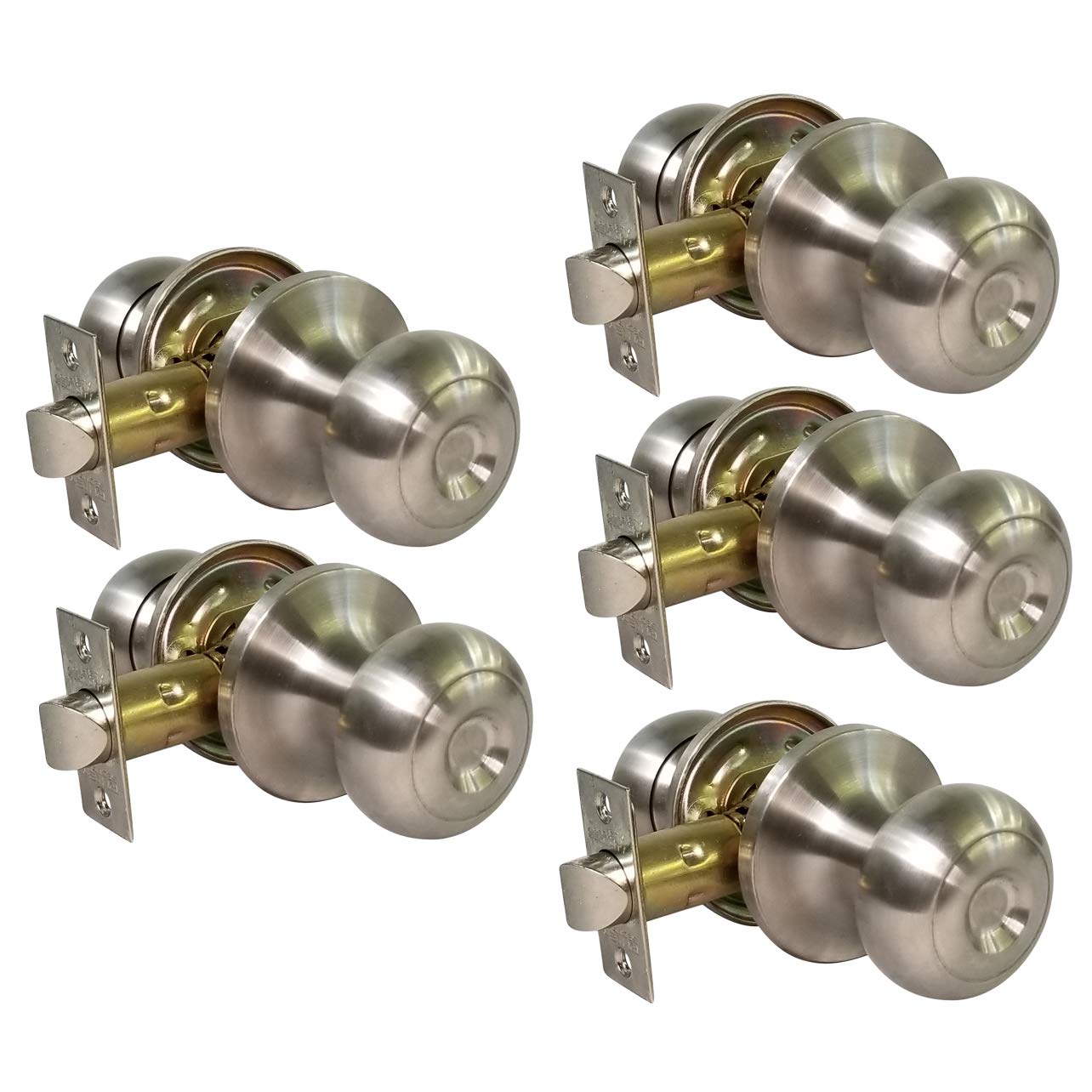5 Pack Stainless Steel Passage Door Knobs for Interior Bedroom & Closet Doors - No Cylinder Lock - Durable & Smooth Operation for Home, Office, and Commercial Spaces