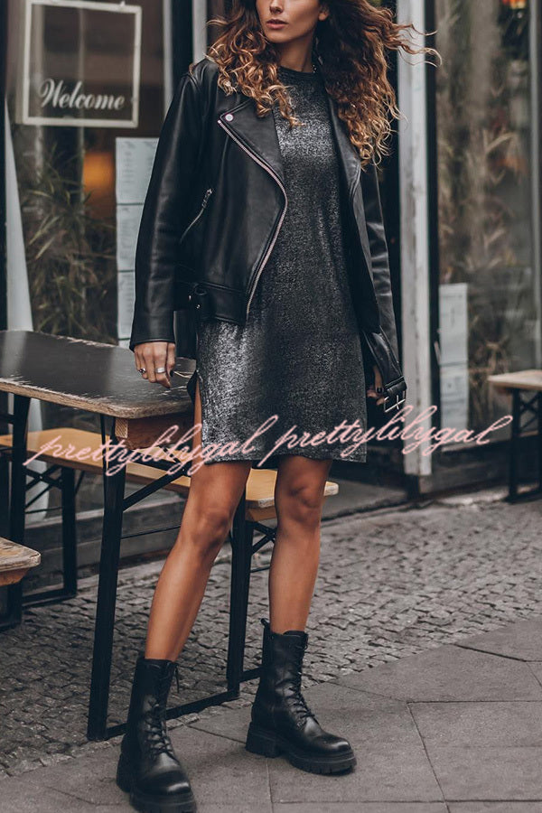 Dark Sparkly Relaxed Slit T-Shirt Mini Dress for Women | Party, Club & Night Out Outfits