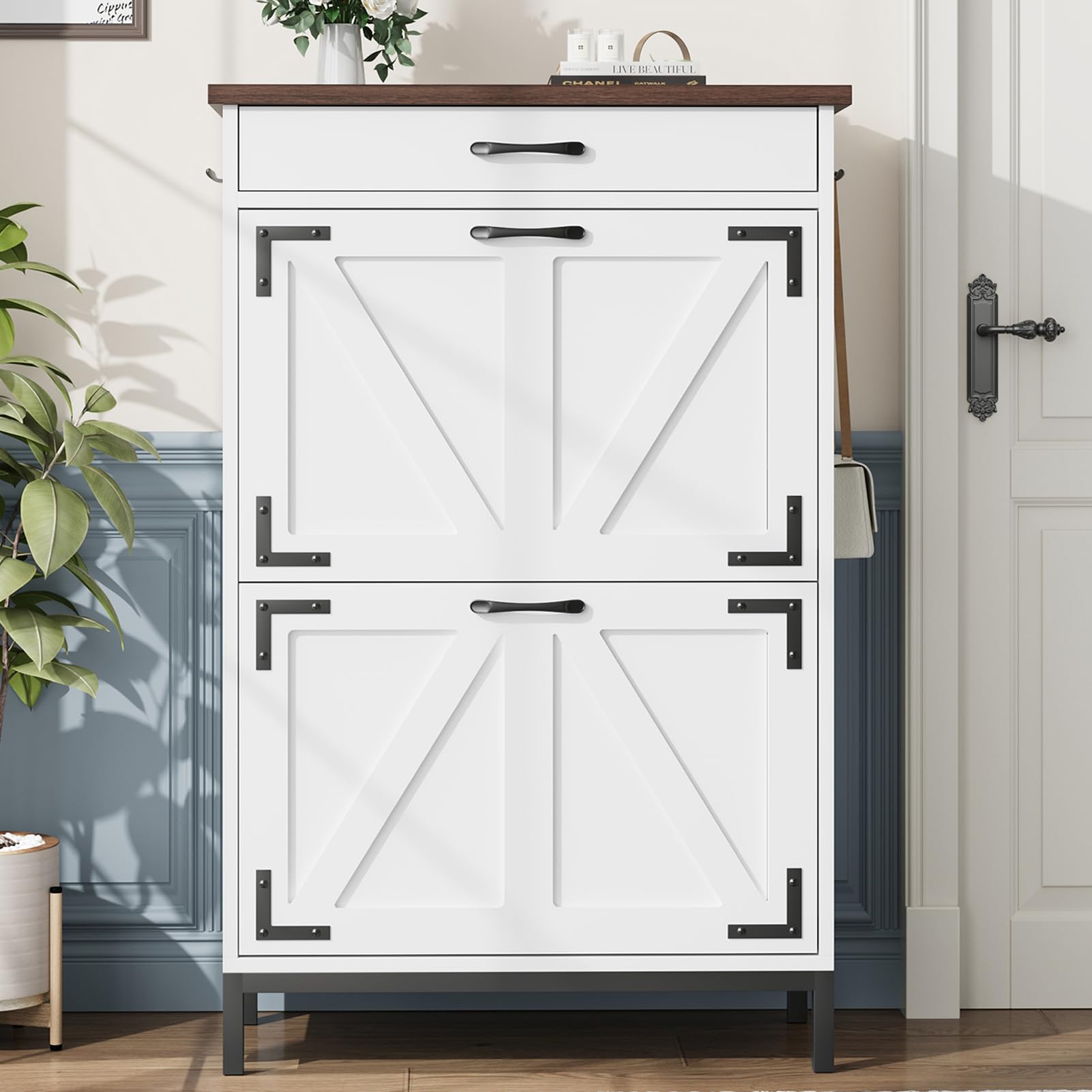 Farmhouse Style White Shoe Cabinet with 2 Flip Drawers - Narrow Entryway Shoe Storage Organizer for Hallway, Foyer & Door Entry - Free Standing Hidden Shoe Storage Cabinet (Perfect for Small Spaces & Apartment Living)