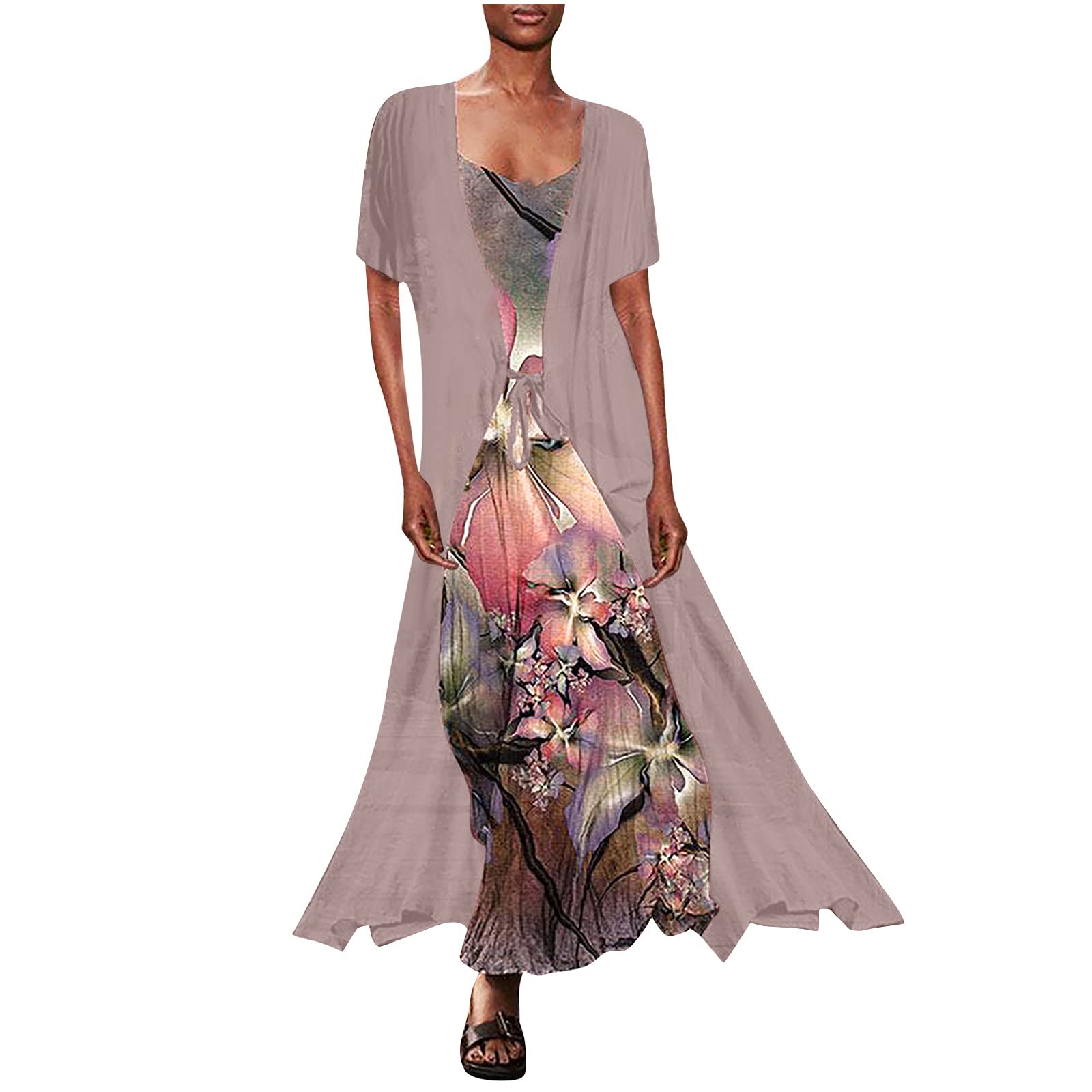 Floral Maxi Dress for Women - Long Chiffon Sundress with Crewneck & Short Sleeve | Plus Size Two-Piece Set | Perfect for Wedding Guest, Beach Vacation & Summer Outfits