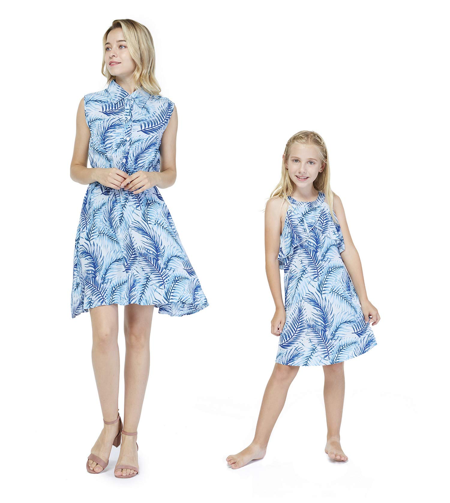 Matching Hawaiian Luau Mother Daughter Outfits - Simply Blue Leaf Print Shirt & Ruffle Dress Set for Beach Vacation, Family Photos & Tropical Parties