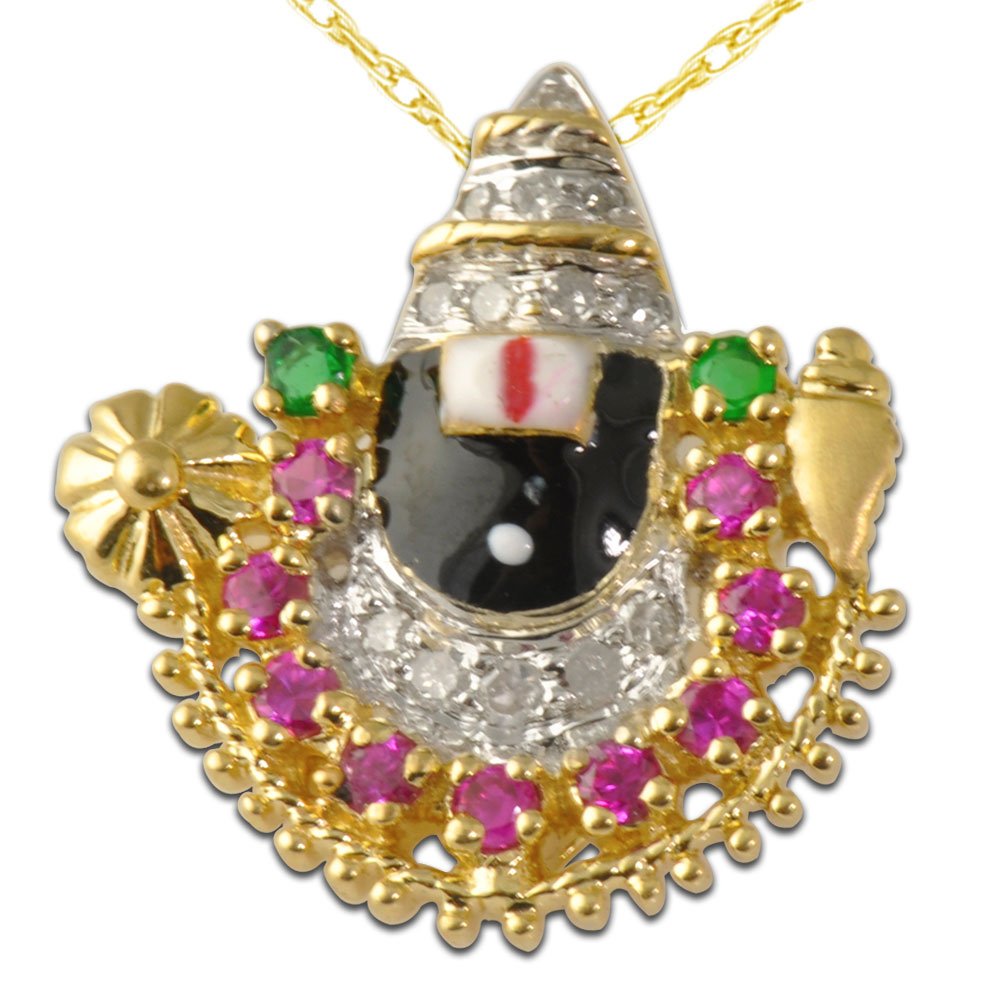 14K Yellow Gold Lord Balaji Pendant with Ruby, Emerald & Natural Diamonds (0.50 ctw) - Includes Free 14K Gold Chain - Perfect for Hindu Devotional Wear, Wedding Jewelry & Spiritual Gifts
