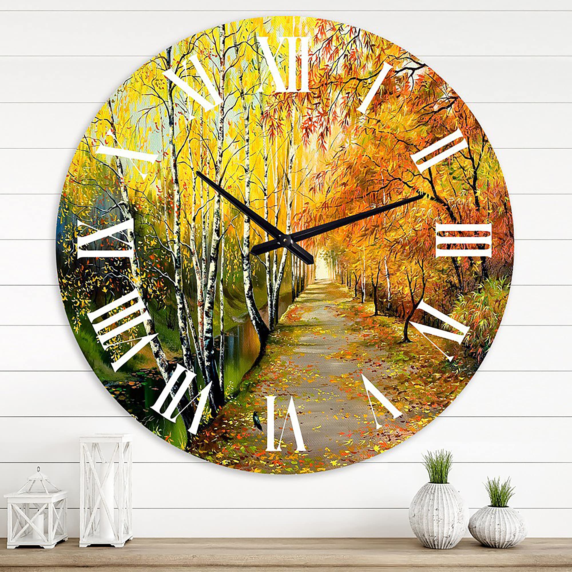 DesignQ Traditional Wall Clock 'River in The Autumn Woods' - Large Landscape Nature Wall Clock for Living Room, Bedroom, Office Decor - Perfect for Home & Office Interior Design