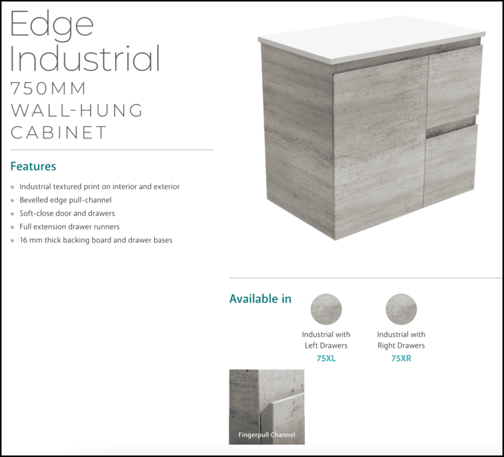 Fienza Crystal Pure SC75XR 750mm Undermount Stone Top Bathroom Vanity with Right Drawers - Modern Wall Hung Vanity Unit for Small Bathroom, Powder Room & Guest Bath Installation