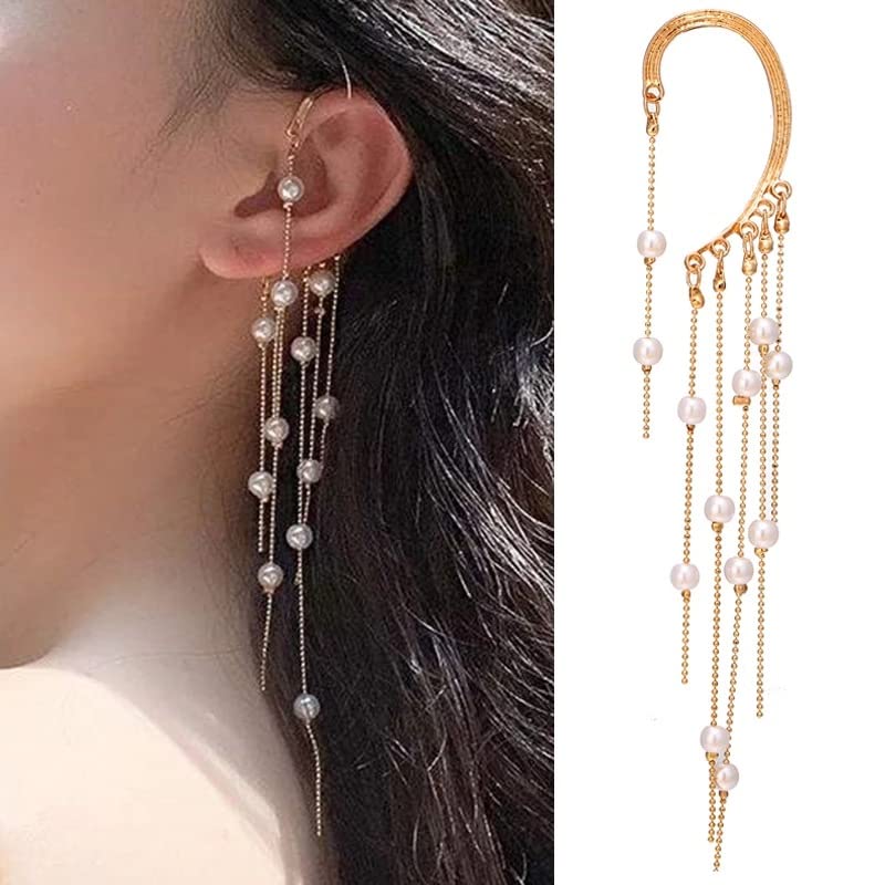 Non-Piercing Gold Pearl Wrap Ear Cuffs with Long Tassel Dangle - Elegant Women's Jewelry for Parties, Weddings & Special Occasions