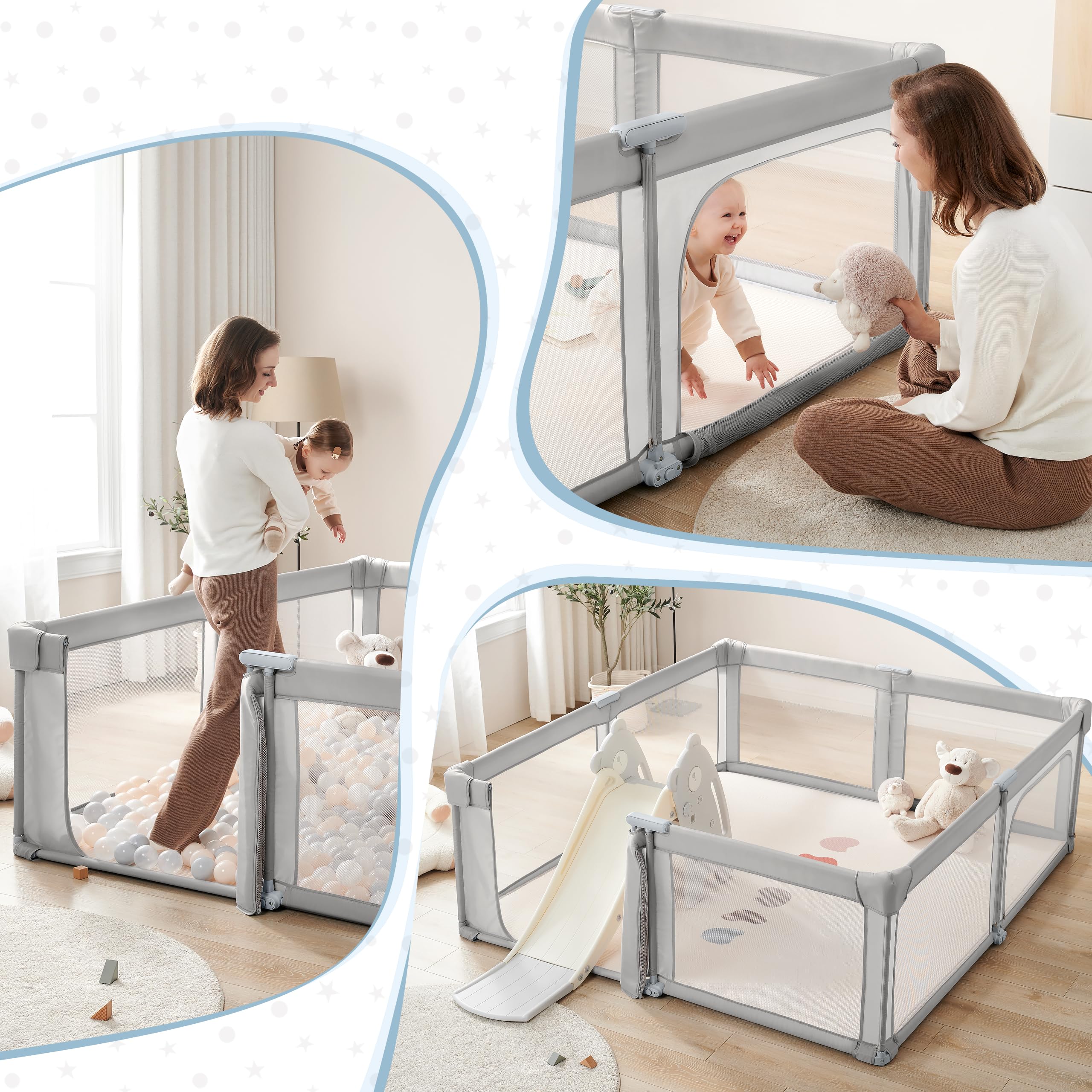 Sweeby Baby Playpen - 59x59 Inch Extra Large Foldable Play Yard with Door for Babies & Toddlers | Indoor & Outdoor Safety Fence | Perfect for Home, Park, and Travel | Gray