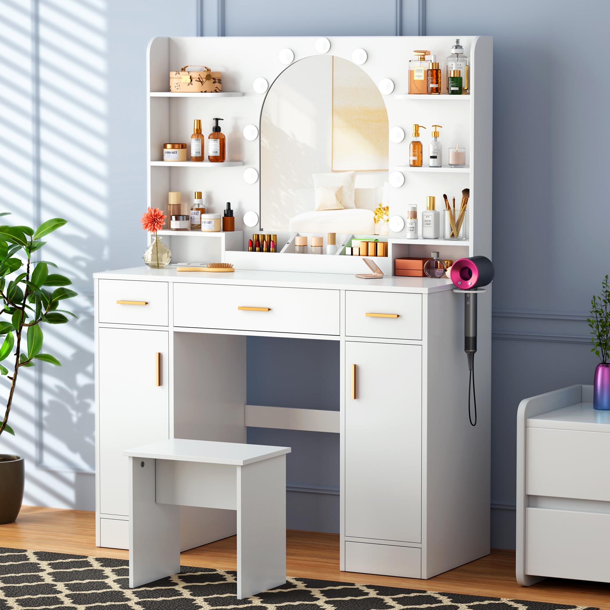 Vanity Desk with Mirror & 11 LED Lights - White Makeup Vanity Table Set with Chair, 5 Drawers, 3 Lighting Modes & 5 Brightness Levels - Dressing Table for Bedroom, Home Decor & Beauty Room Organization