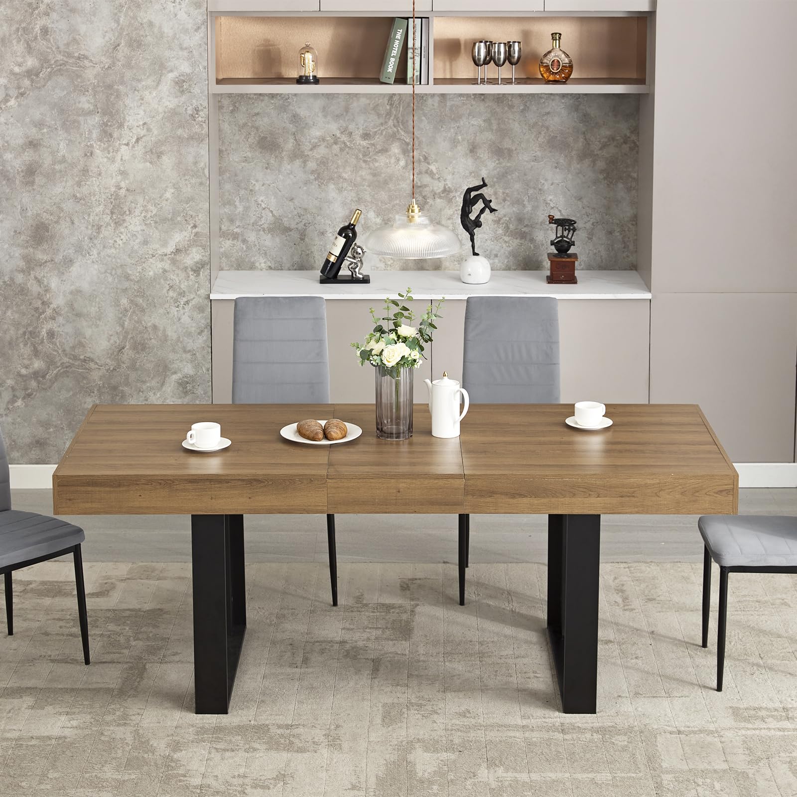 STHOUYN 63”-79” Extendable Dining Table - Solid Wood Modern Farmhouse Kitchen Table, Expandable to Seat 6-10 People, Large Conference & Family Dining Table in Walnut Brown - Perfect for Dinner Parties, Home Offices & Small Business Meetings