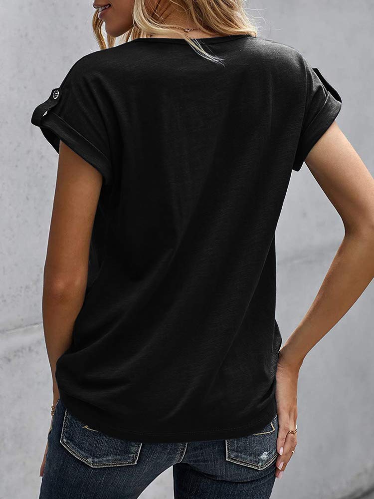 Women's V-Neck Button-Up Short Sleeve Henley T-Shirts - Summer Casual Loose Fit Rolled Sleeve Blouse for Everyday Wear & Outdoor Activities