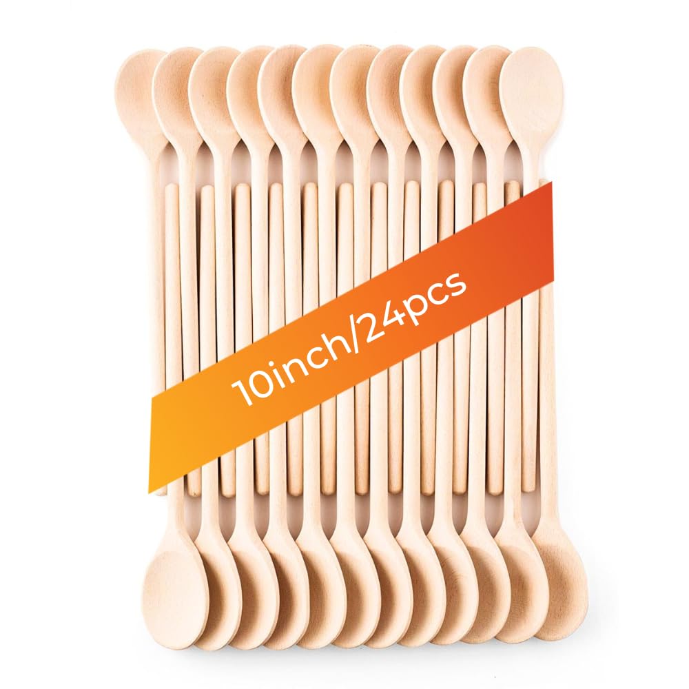 Premium 10 Inch Wooden Spoons Set of 24 - Long Handle Cooking Utensils for Mixing, Stirring & Tasting - Natural Wood Kitchen Tools for Baking, Soup & Crafts - Perfect for Home Chefs & DIY Enthusiasts