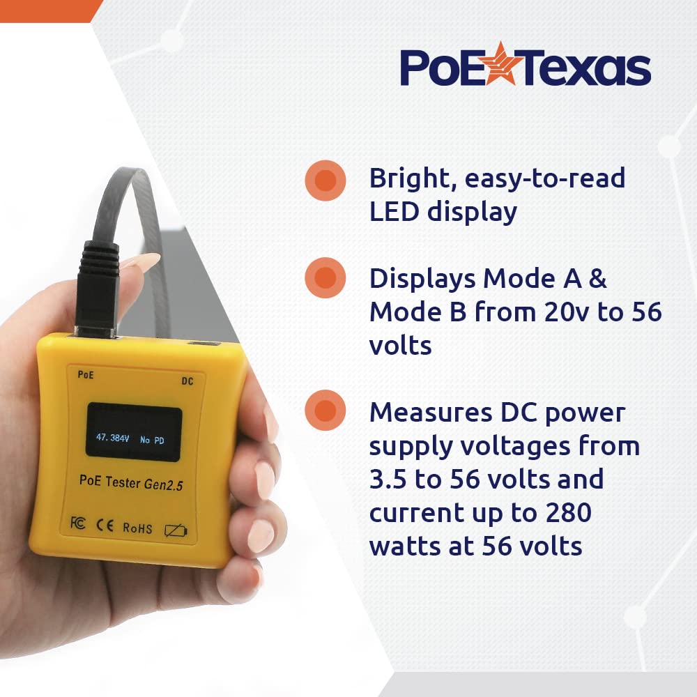 POE Tester GEN2 - Inline Power Over Ethernet Voltage & Current Meter | Network Cable Testing Tool for IP Cameras, VoIP Phones & Wireless Access Points