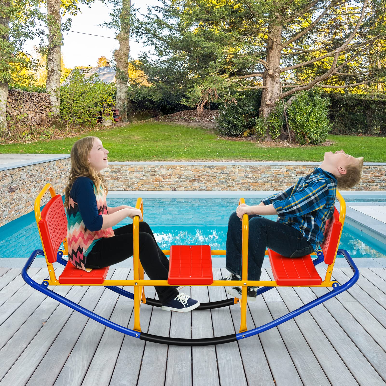 Outdoor Kids Seesaw Swivel Teeter Totter - 3-Seat Rocking Playground Equipment for Toddlers & Children | Indoor/Outdoor Fun Toy Set for Boys & Girls | Backyard, Park, Playroom & Daycare Use (Red)