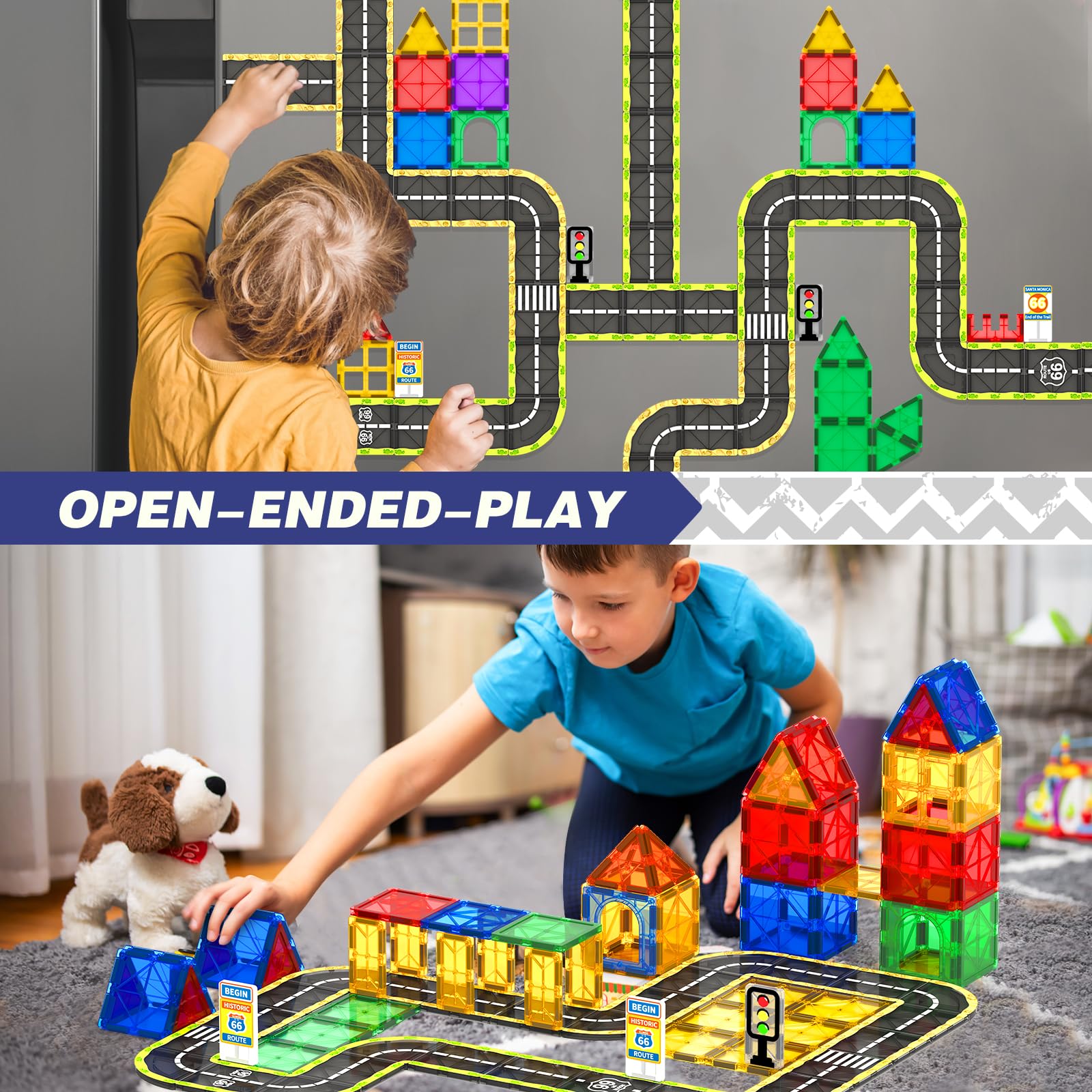 Magnetic Tiles Route 66 Road Set - STEM Educational Building Blocks for Kids Ages 3-8, Creative Construction Toys for Boys & Girls, Sensory Learning Toys for Toddlers - Perfect for Christmas, Birthday Gifts & Classroom STEM Activities