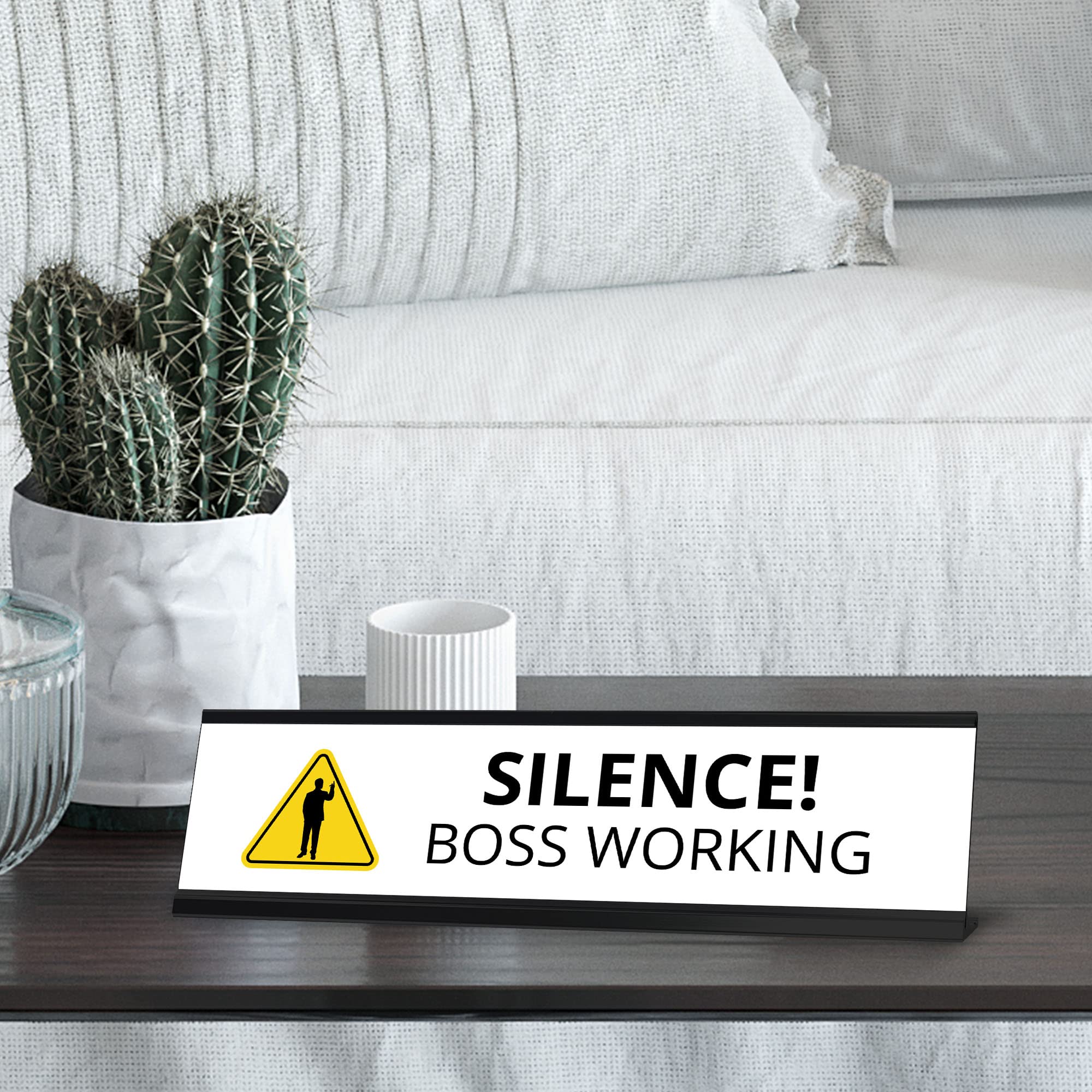 Silent Boss at Work Sign - Black Framed Office Desk Decor (2 x 8 Inch) - Perfect for Quiet Workspaces, Home Offices & Professional Environments