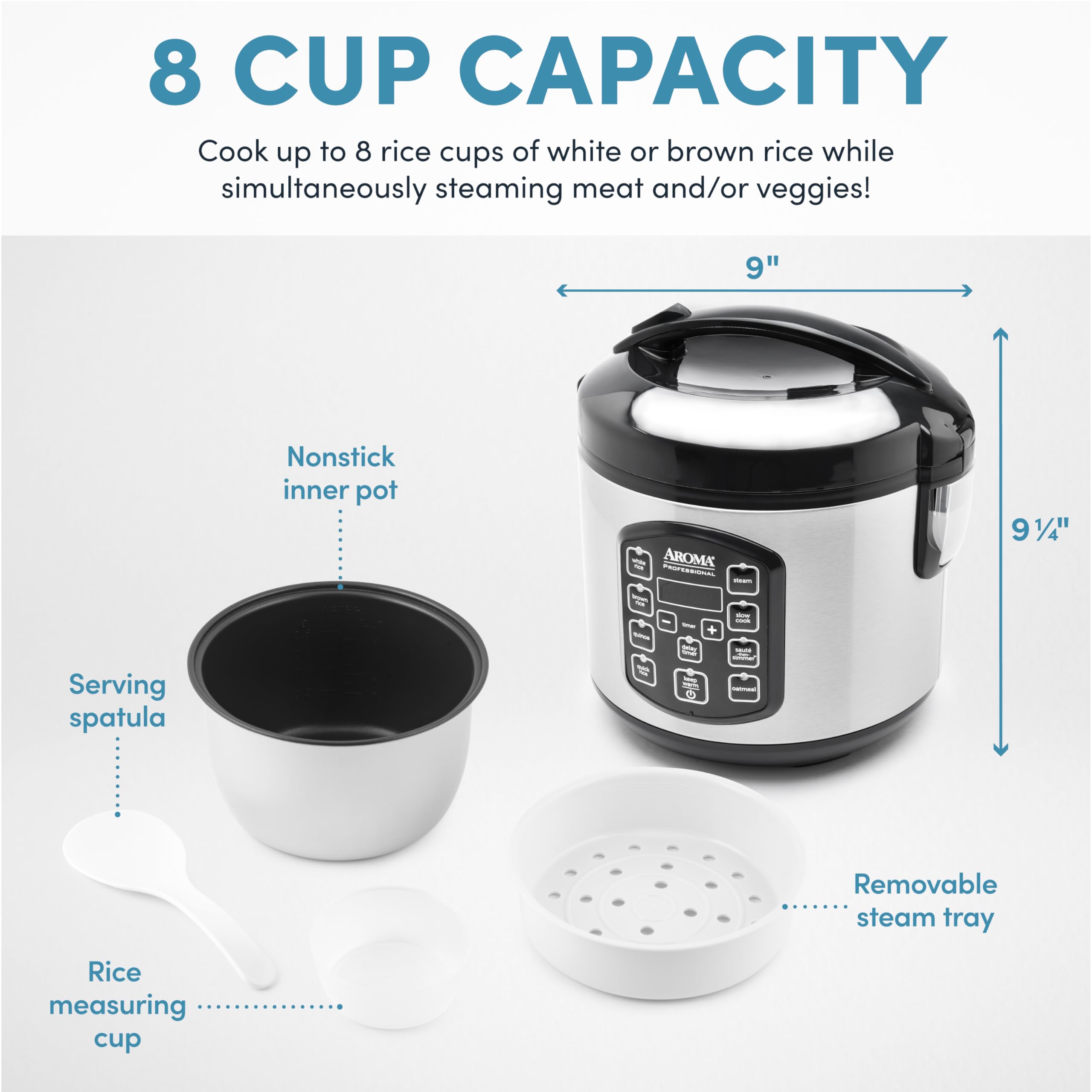 AROMA Professional Digital Rice Cooker & Multicooker - 4-Cup (Uncooked) / 8-Cup (Cooked) Capacity - Slow Cooker, Steamer & Oatmeal Maker with Auto Keep Warm - 2 Qt Stainless Steel Pot - Perfect for Home Cooking, Meal Prep & Healthy Eating - Model ARC-954SBD