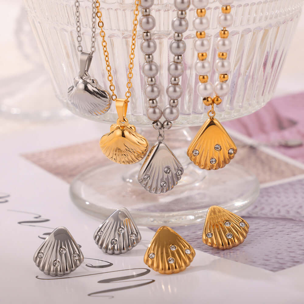 18K Gold Freshwater Pearl Seashell Pendant Earrings Set for Women - Elegant Dangle Drop Earrings for Wedding, Party & Evening Wear | MDT010