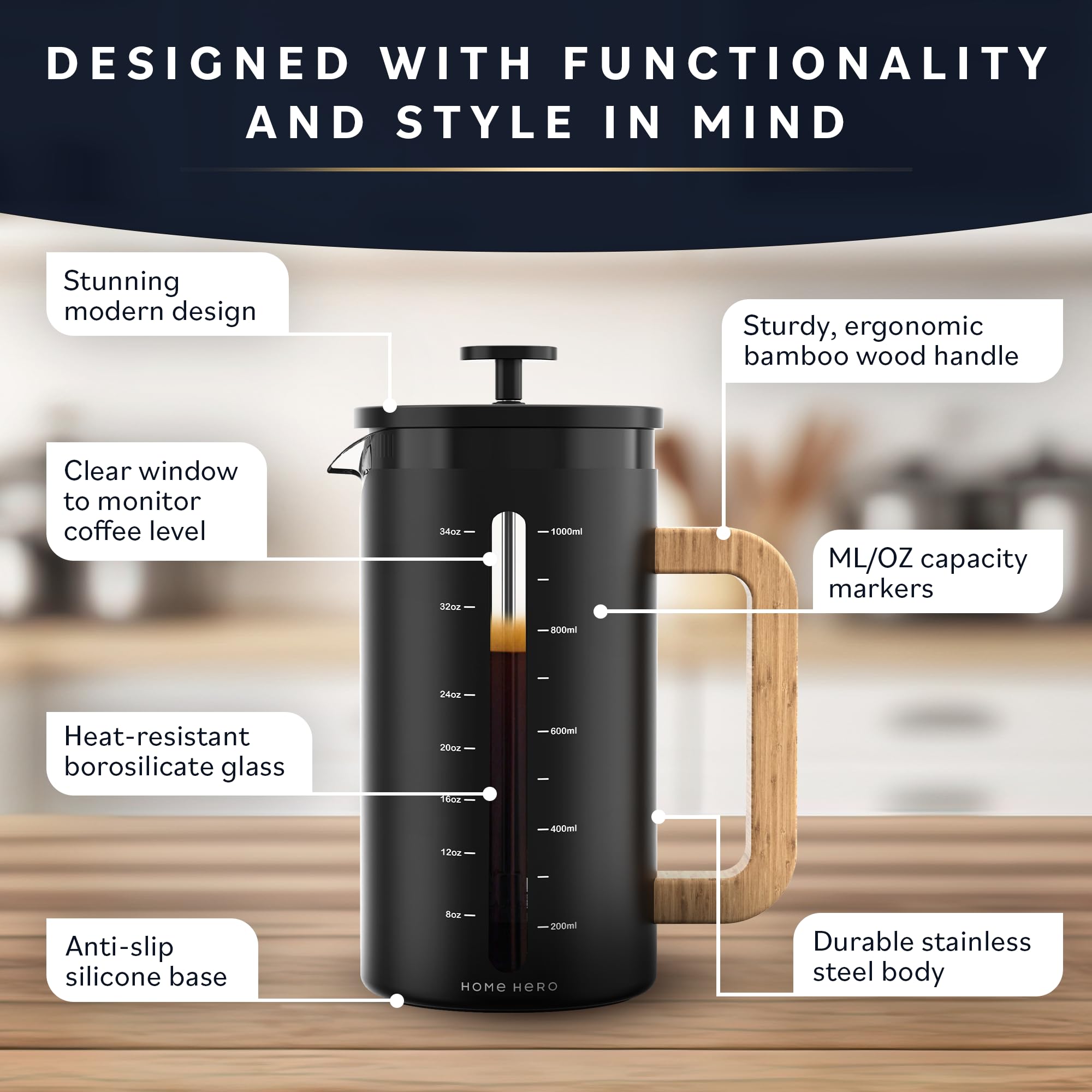 Premium French Press Coffee Maker - 34 oz Borosilicate Glass Coffee Press with Bamboo Handle, 4-Layer Stainless Steel Filter, Heat Resistant for Home, Office & Camping Use - Black