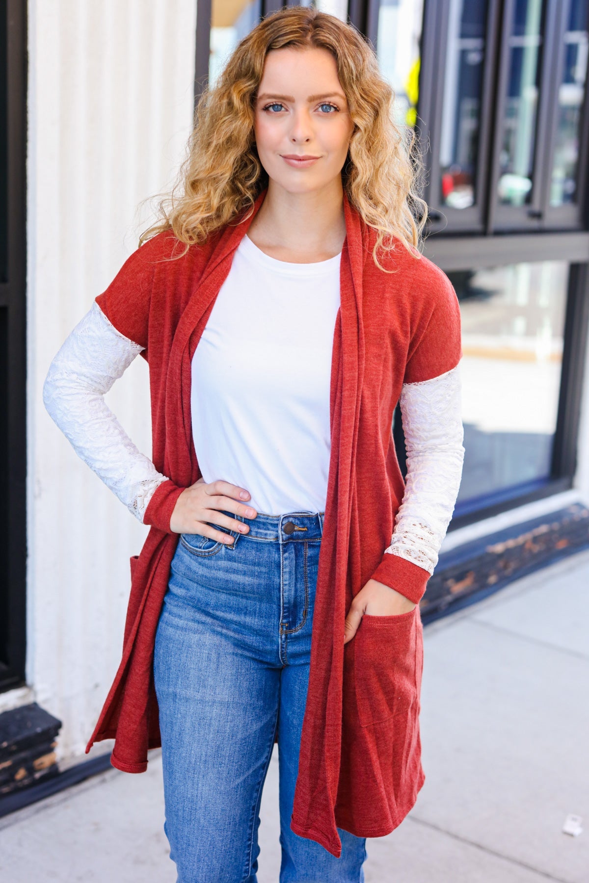 Stylish Rust Lace Sleeve Hacci Cardigan with Front Pocket - Perfect for Casual Days, Coffee Dates & Fall Layering