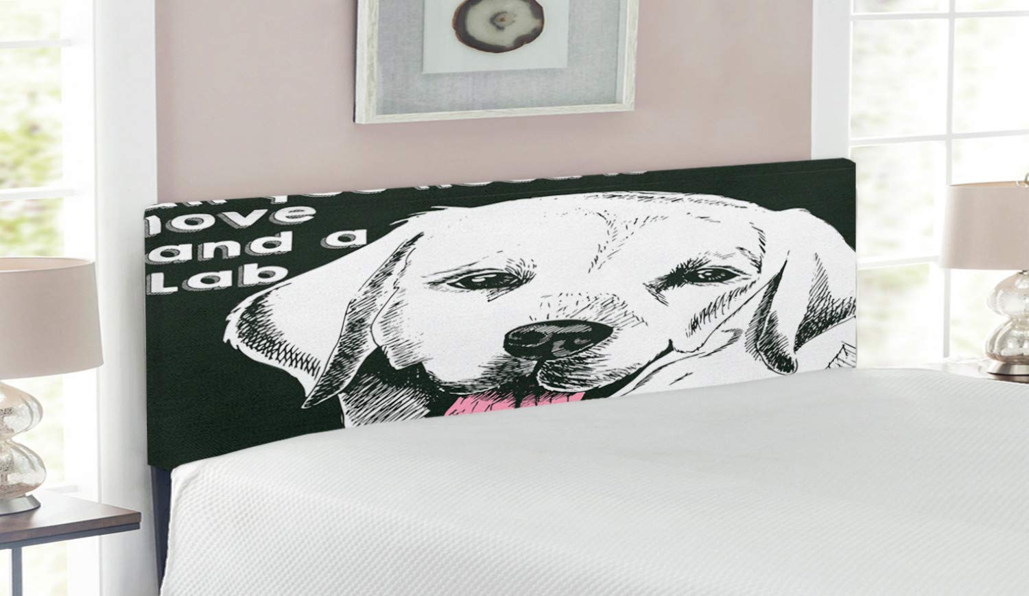 Vintage Labrador Dog Upholstered Metal Headboard with Memory Foam - Queen Size Olive Green & White - Love Themed Artwork for Bedroom Decor & Pet Lover's Home