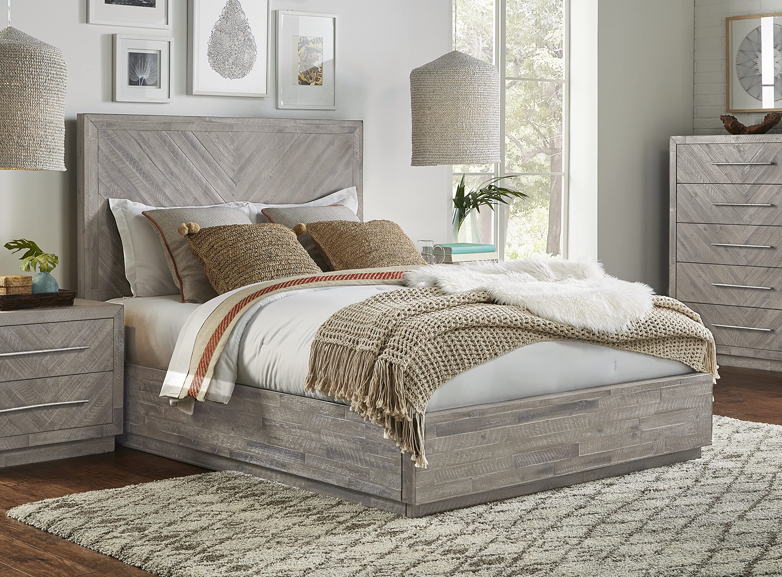 Modus Furniture Solid Wood Queen Size Platform Bed - Rustic Latte Finish for Alexandra Collection | Perfect for Modern Farmhouse & Rustic Bedroom Decor