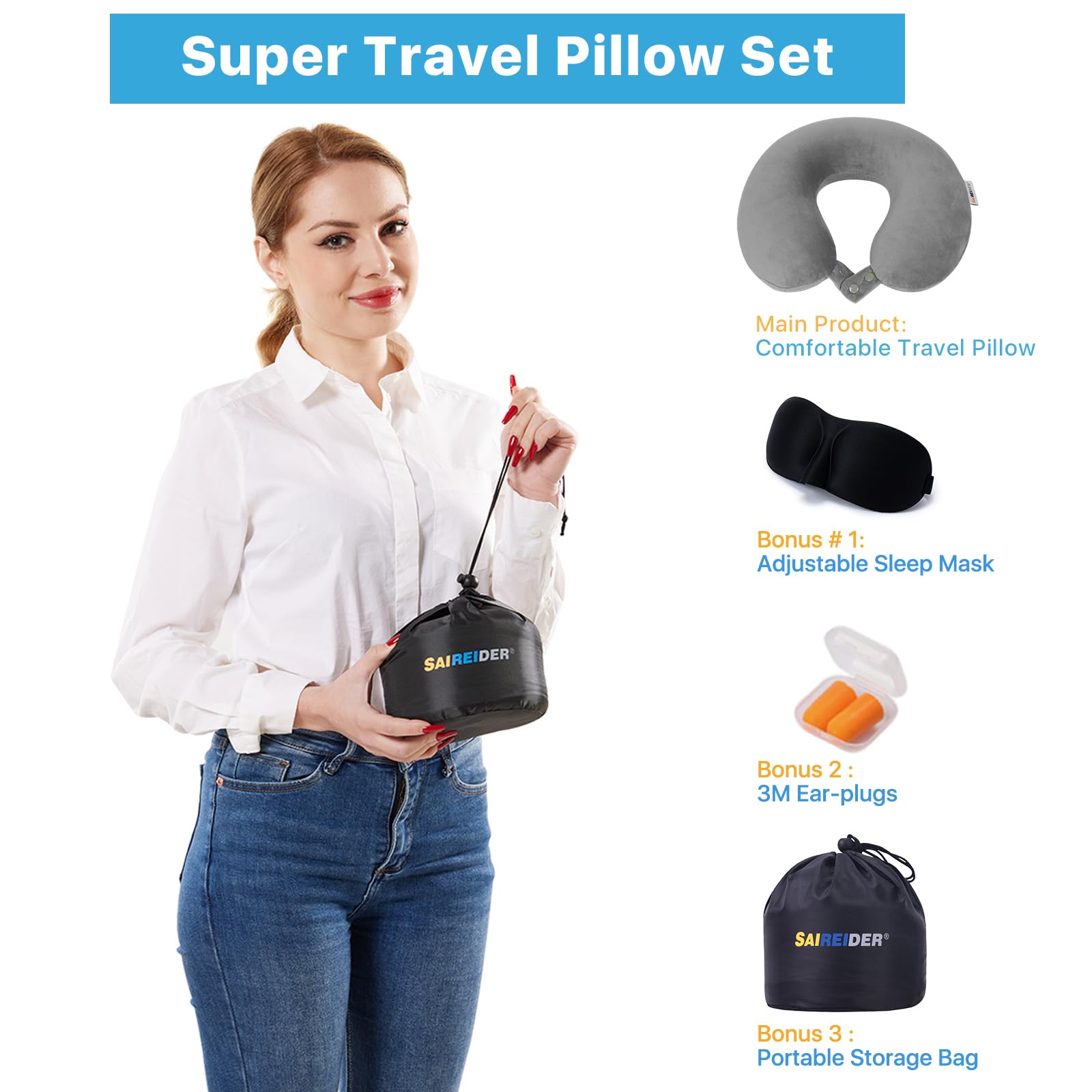 Saireider 100% Memory Foam Travel Neck Pillow - Adjustable Airplane Pillow for Neck Support, Prevents Head from Falling Forward - Perfect for Long Flights, Road Trips & Office Naps (Grey)