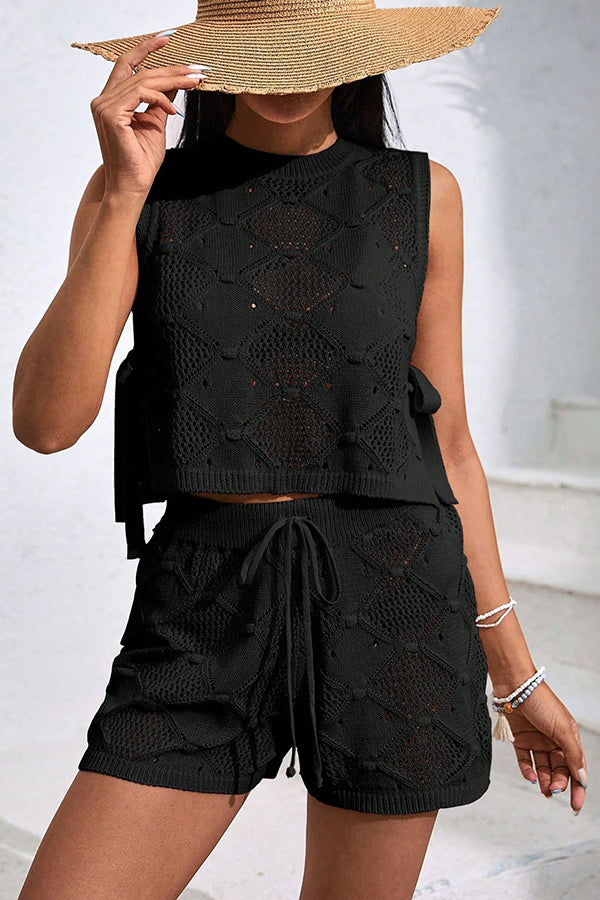 Solid Color Sleeveless Tie Knitted Vest & Loose Elastic Waist Drawstring Shorts Set - Women's Casual Summer Outfit for Beach, Vacation and Streetwear Fashion