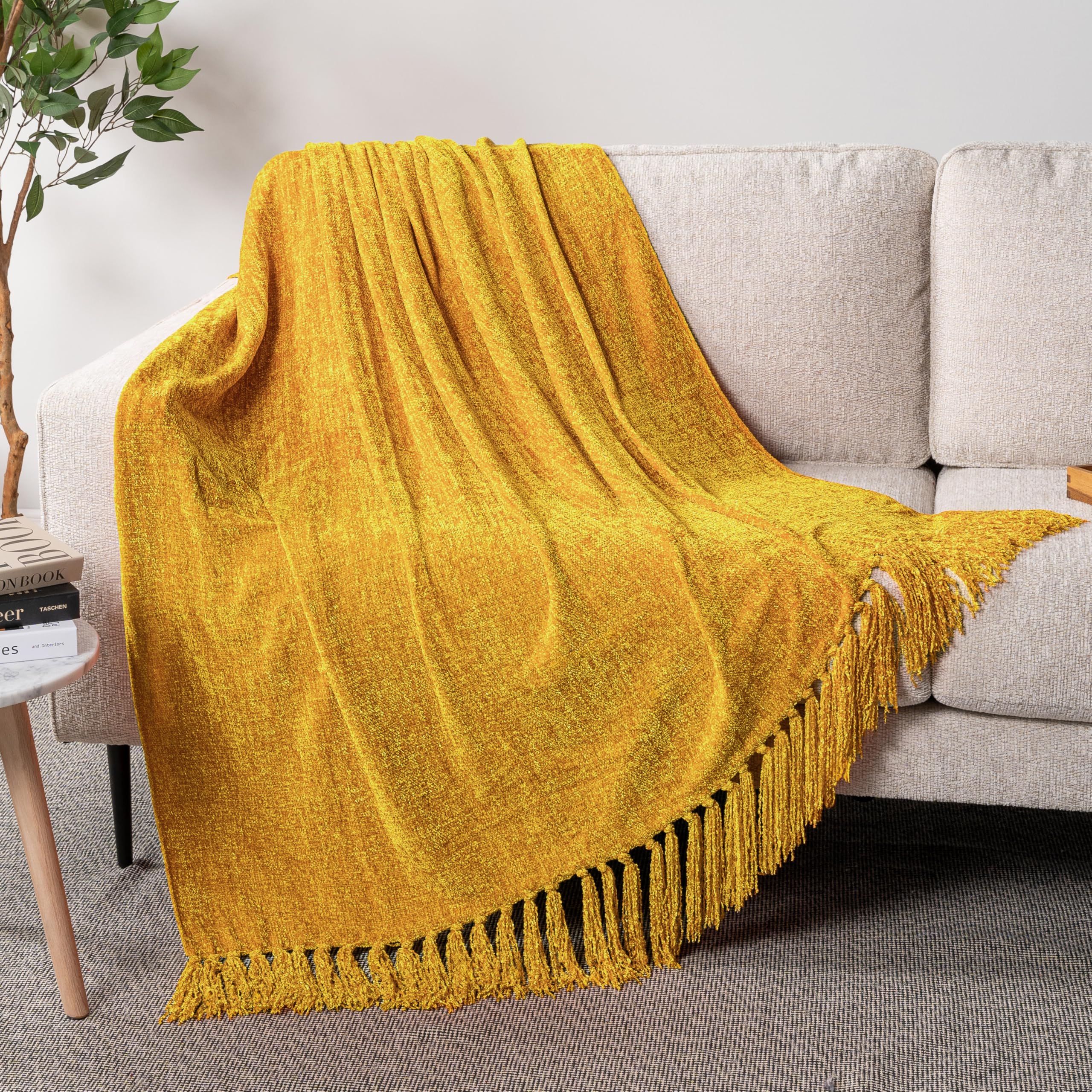 Pavilia Mustard Yellow Knit Throw Blanket - Soft Woven Blanket with Tassels for Couch, Sofa Bed & Chair - 50x60 Inches - Perfect for Living Room Decor, Cozy Nights & Gift Giving