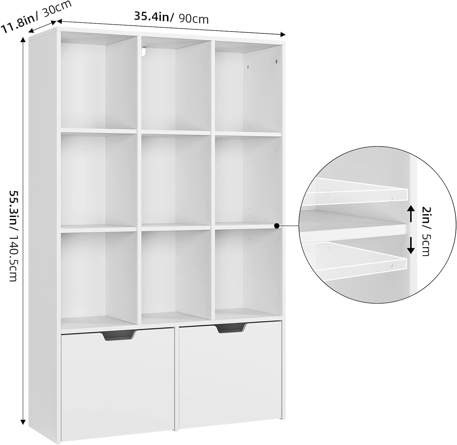 Modern 9-Cube White Bookshelf with 2 Large Drawers - Free Standing Storage Cabinet Organizer for Books, Toys & Home Decor - Perfect for Living Room, Office, Study & Kids' Bedroom Organization