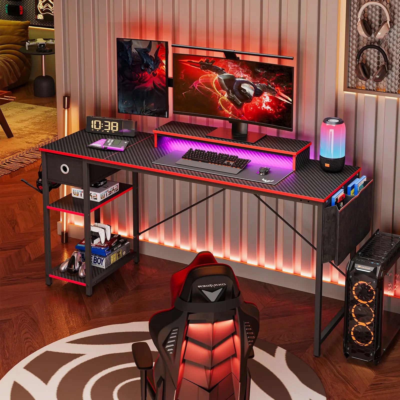Bestier 61 Inch LED Computer Desk with Adjustable Shelves - Modern Home Office Desk for Work, Gaming & Study - Perfect for Small Spaces & Bedrooms