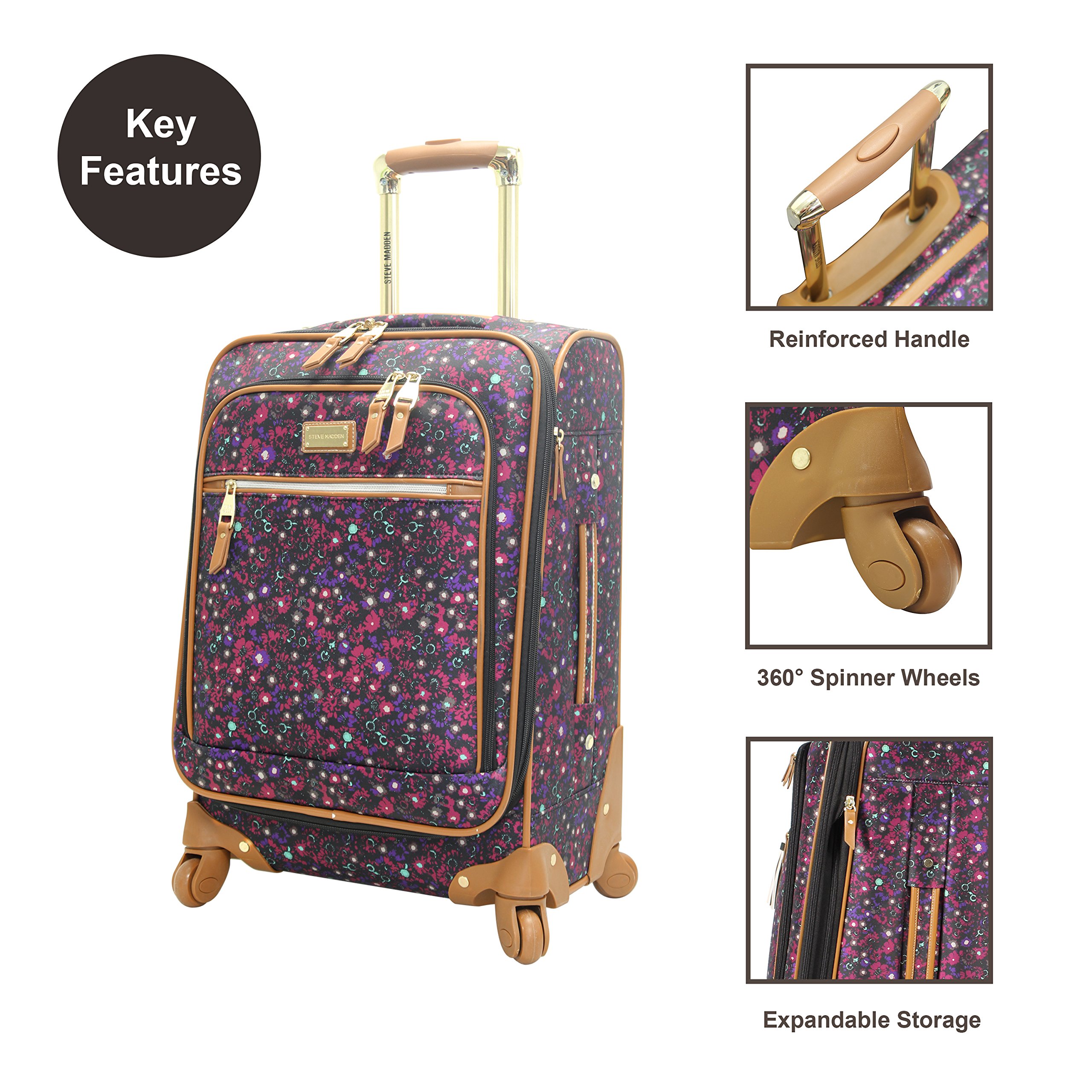 Steve Madden Designer Lightweight Expandable 20 Inch Carry On Luggage with 4 Spinner Wheels - Durable Softside Suitcase for Men & Women (Dark Purple) - Perfect for Business Travel, Weekend Getaways & Airplane Trips