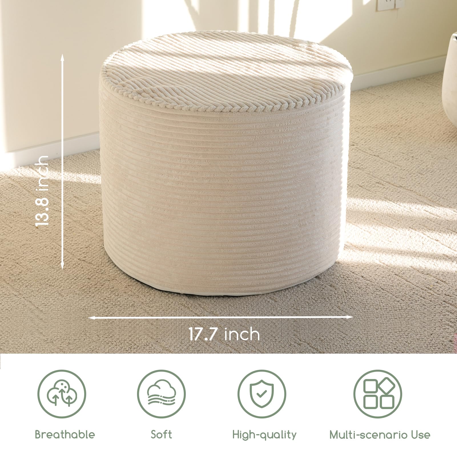 MAXYOYO Round Corduroy Footstool Ottoman - Soft Beige Pouf with High-Density Foam Filling for Living Room, Bedroom & Nursery - Versatile Seating, Footrest & Decorative Accent