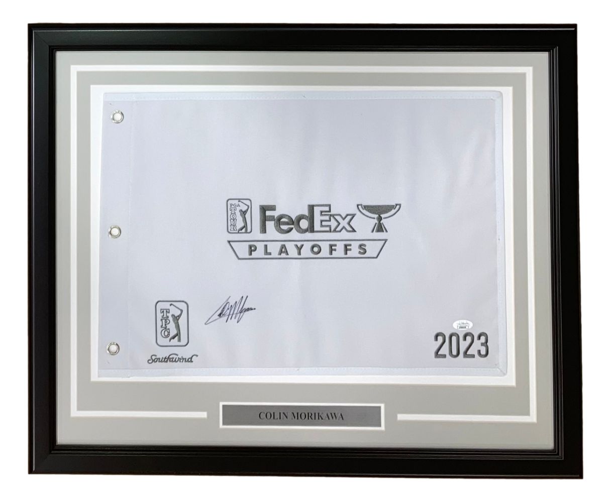 Authentic Collin Morikawa Signed 2023 PGA FedEx Cup Playoffs Framed Golf Flag with JSA Certificate - Perfect for Golf Memorabilia Collectors & Sports Fan Cave Decor