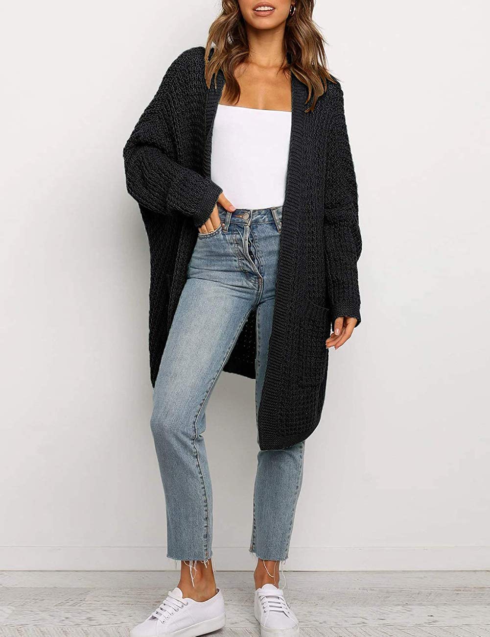 MEROKEETY Women's Oversized Long Batwing Sleeve Cardigan Waffle Knit Sweater Coat - Soft & Cozy Open Front Sweater for Fall & Winter, Perfect for Casual Outfits, Office Wear and Loungewear